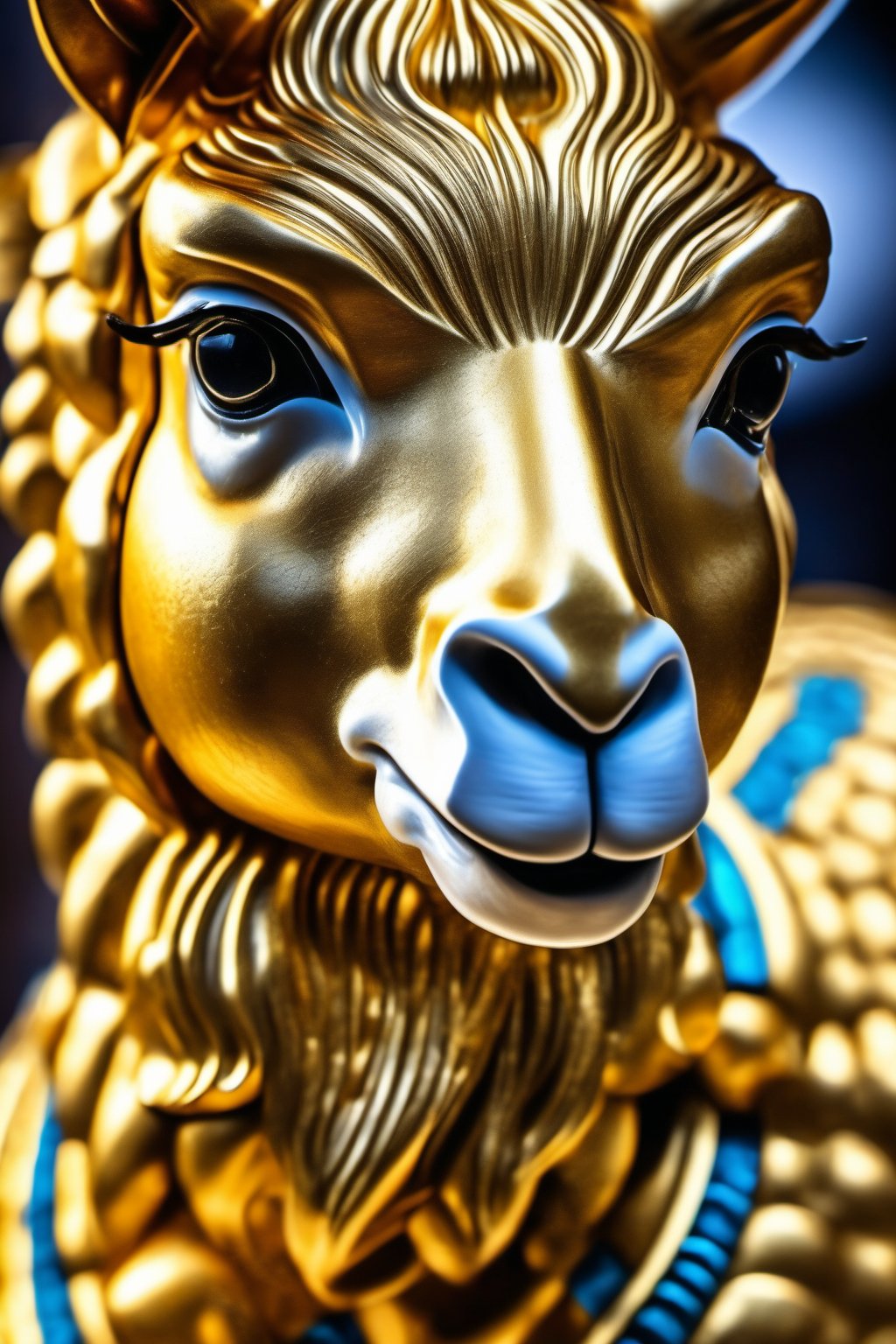 a detailed photo of a brushed metal golden alpaca,by hajime sorayama,bokeh background,(full body: 1.4),hajime sorayama,macro photography,trending on artstation, sharp focus, studio photo,metal,3D rendering,extremely excellent composition,intricate details,8k Ultra HD,RAW photo,HDR (High Dynamic Range),sprinting,running,dynamic pose,