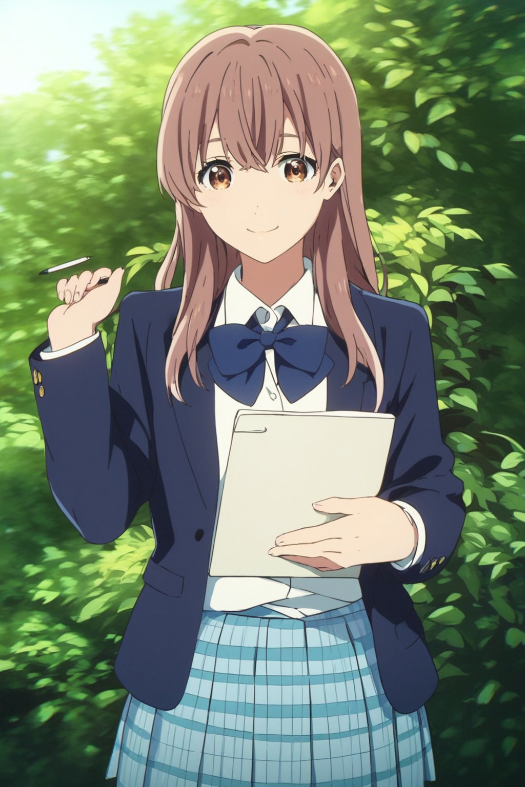 score_9, score_8_up, score_7_up, source_anime,(detailed eyes),shouko nishimiya,1girl,cowboy shot,long hair,bangs,brown hair,brown eyes,blue bowtie,blazer,blue and white plaid pleated skirt,smile,tree,holding notebook,open notebook,(hand up,show notebook),(Notebook with text as "thank you"),