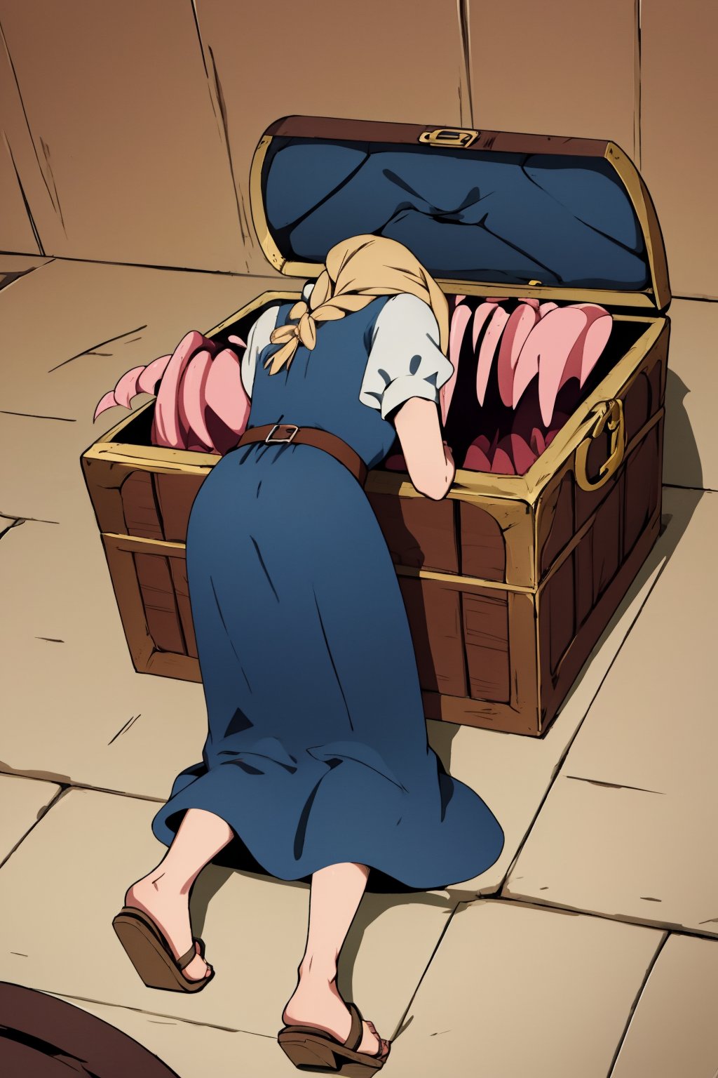 (masterpiece),4K,best quality,1girl,marcille donato\donato marcille\(delicious in dungeon\),(dark blue dress,long dress,sandals),brown belt,belt pouch,(trembling effect),mimicmeme, from from behind,(mimic, mimic chest),treasure chest,dungeon,