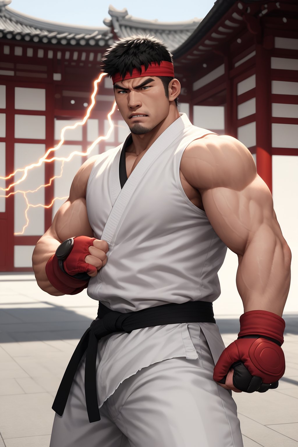 masterpiece,4K,best quality,(visual appeal),ryu \(street fighter\),((upper body)),(black hair,short hair,detailed face,detailed eyes),red headband,white dougi,sleeveless,(torn clothes),white dojo pants,black martial arts belt,red fingerless gloves,muscular,(standing),fighting stance,dynamic angle,dynamic pose,intense face,angry,clenched teeth,((motion blur,motion lines)),(glowing,electricity,east asian architecture),