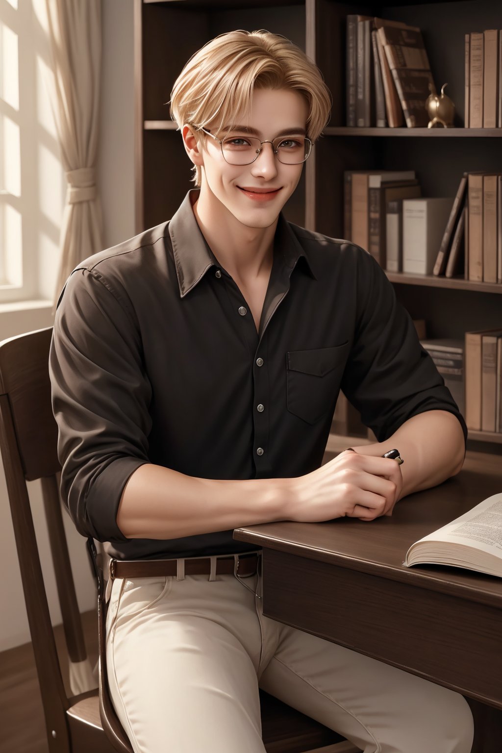 beautiful  fingers,finger length,masterpiece,visual appeal,4K,best quality,1boy,blonde hair,(detailed eyes),handsome,(cowboy shot),young,beautiful,(base color: brown),smile,glasses,study,bookcase,desk,desk lamp,chair,book,open book,sitting,