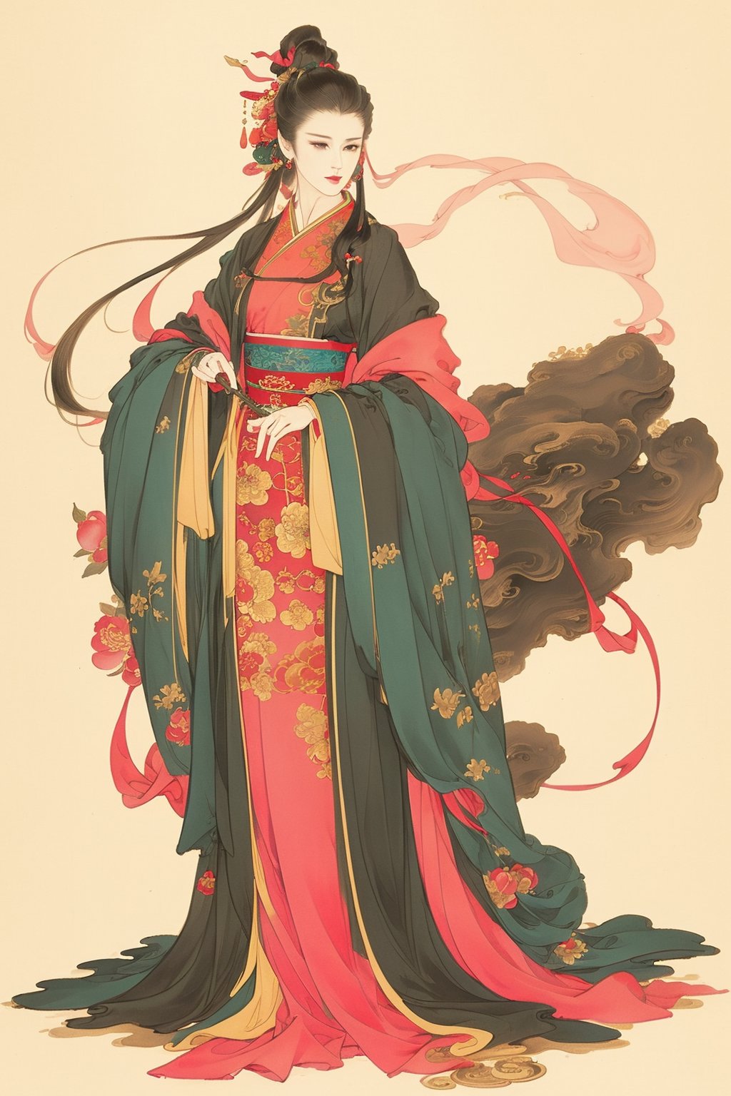 ((4k,masterpiece,best quality)),traditional chinese ink painting,1girl,(full body:1.3),very long hair,east asian architecture,slim,hanfu,elegant posture,detailed eyes,original,(base color: pink),ancient dance,