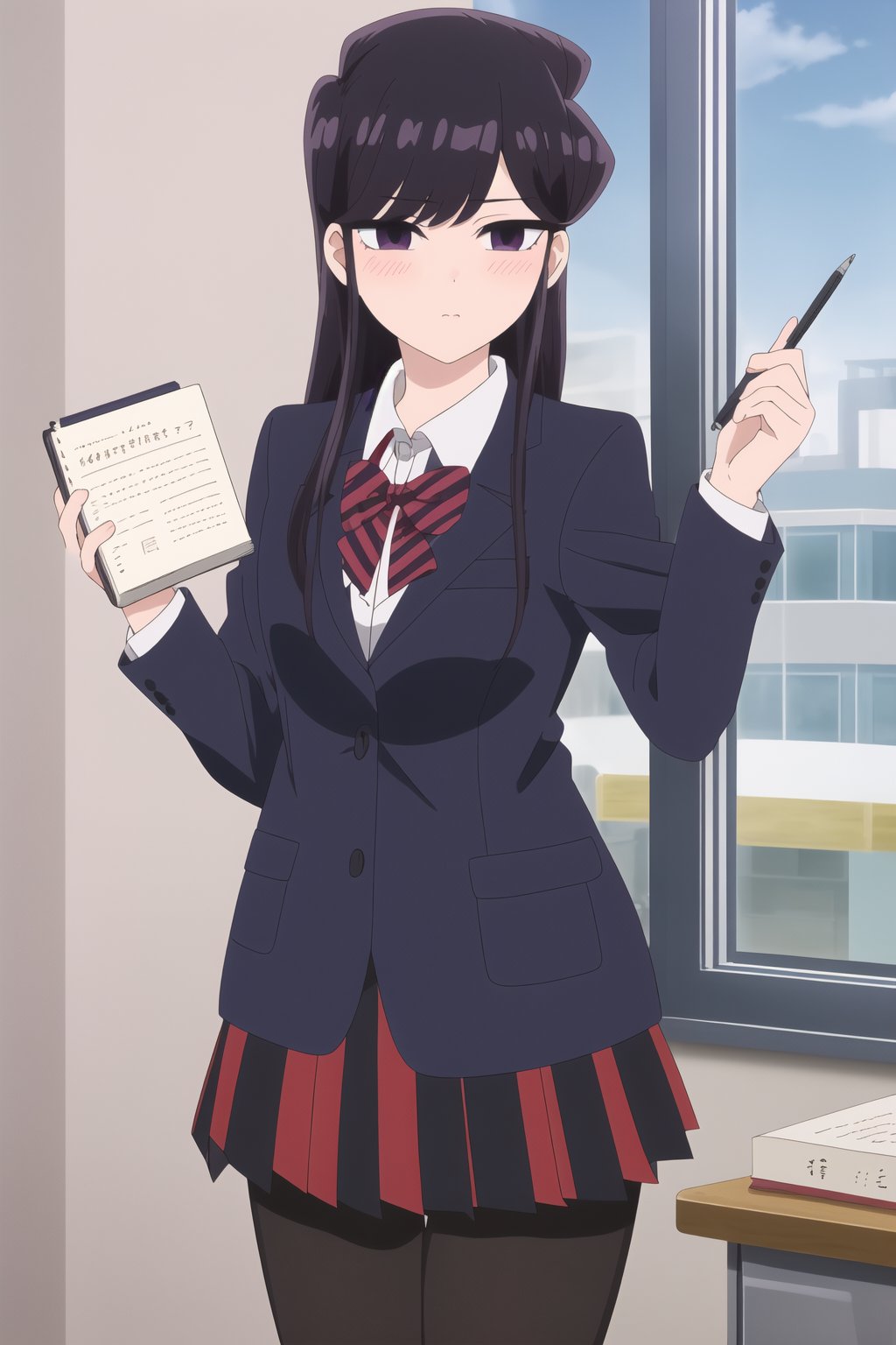 score_9, score_8_up, score_7_up, source_anime,(detailed eyes),komi shouko\,shouko komi\komi can't communicate\,1girl,(holding notebook),notebook with text thank you,(notebook with text "thank you"),(open notebook),(show notebook),(hands up),english text,long hair,bangs,black hair,purple eyes,blazer,blush,red and black striped pleated skirt,thighband pantyhose,(eyes highlights),window,notebook covered mouth,