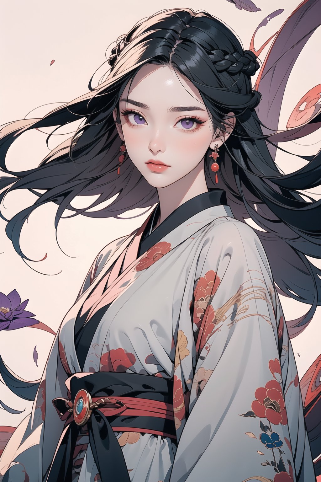 (upper body),wide shot,standing,1girl, long hair,black hair, dress, holding, jewelry, braid, earrings, hanfu,hair ornament,purple hanfu,outdoor,visual appeal,Chinese ancient background,delicate facial features,detailed eyes,deep eyes,masterpiece,purple flowers,fall,wind,floating hair,