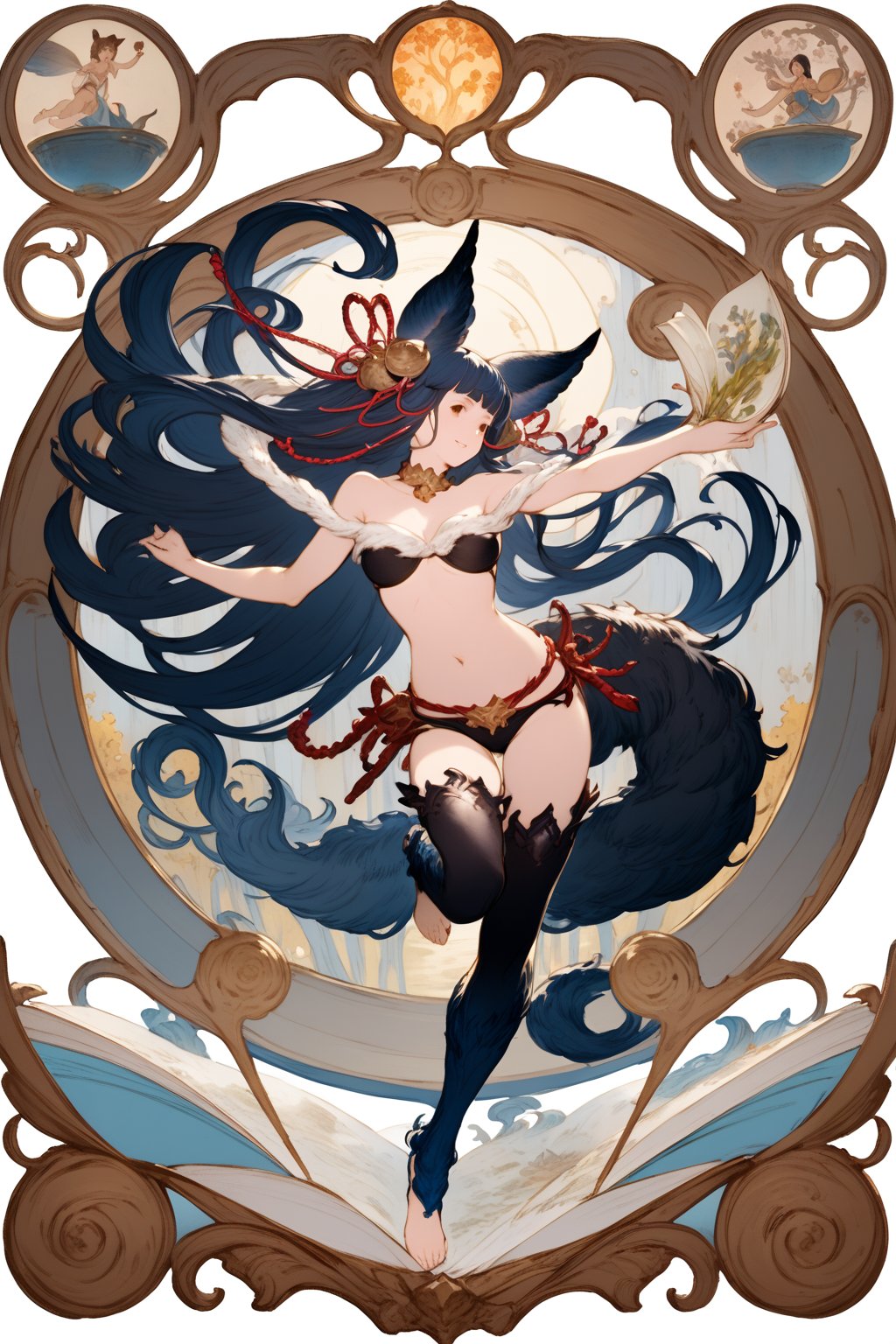 official art,best quality,visual appeal,full body,(vignette illustration),miniature,art nouveau,swirling artistic expression,storybook illustration,(she is floating in the air),Animal ears,black gloves,erune,thighhighs,yuel \(granblue fantasy\),navel,very long hair,toeless legwear,Black tail,golden choker,play of shadow and light,meticulous,more detail,ultra-detailed,akihiko yoshida style,