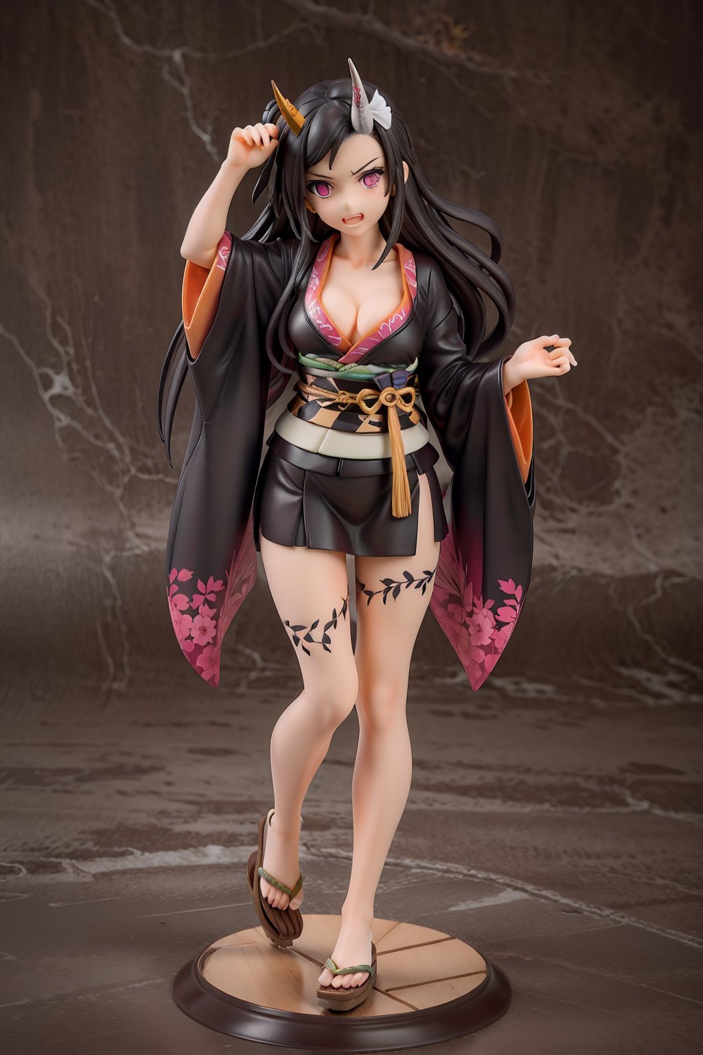 ((full body)),1girl,((extremely detailed eyes)),nezuko kamado,single horn,angry,fang,clenched teeth,black hair, forehead,hair ribbon, long hair, multicolored hair, pink eyes, orange hair, slit pupils, wavy hair, two-tone hair, asa no ha (pattern), checkered sash, haori, japanese clothes, kimono, long sleeves, obi, pink kimono, sash, wide sleeves,dynamic pose,pointed nails,