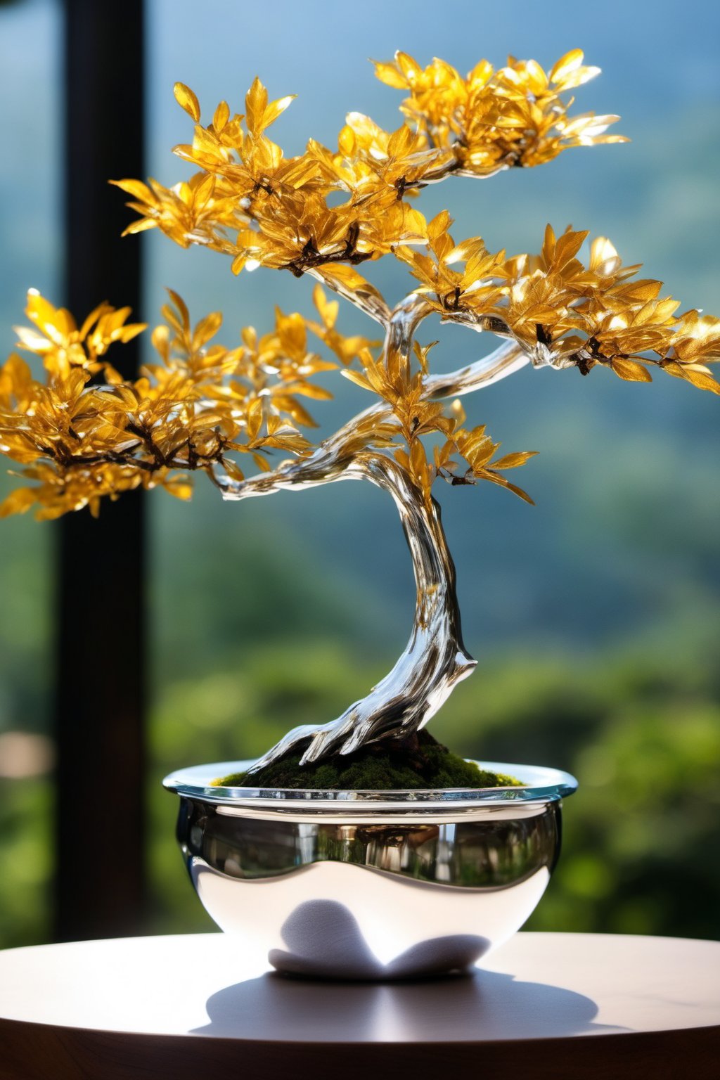 bonsai,branches and trunks made of glass,leaves made of silver(metal),transparent branches and trunks,metallic feel,metal reflective,silver,metal,silver metal,aethetic,8k Ultra HD,masterpiece,product view,specialty store,bokeh,