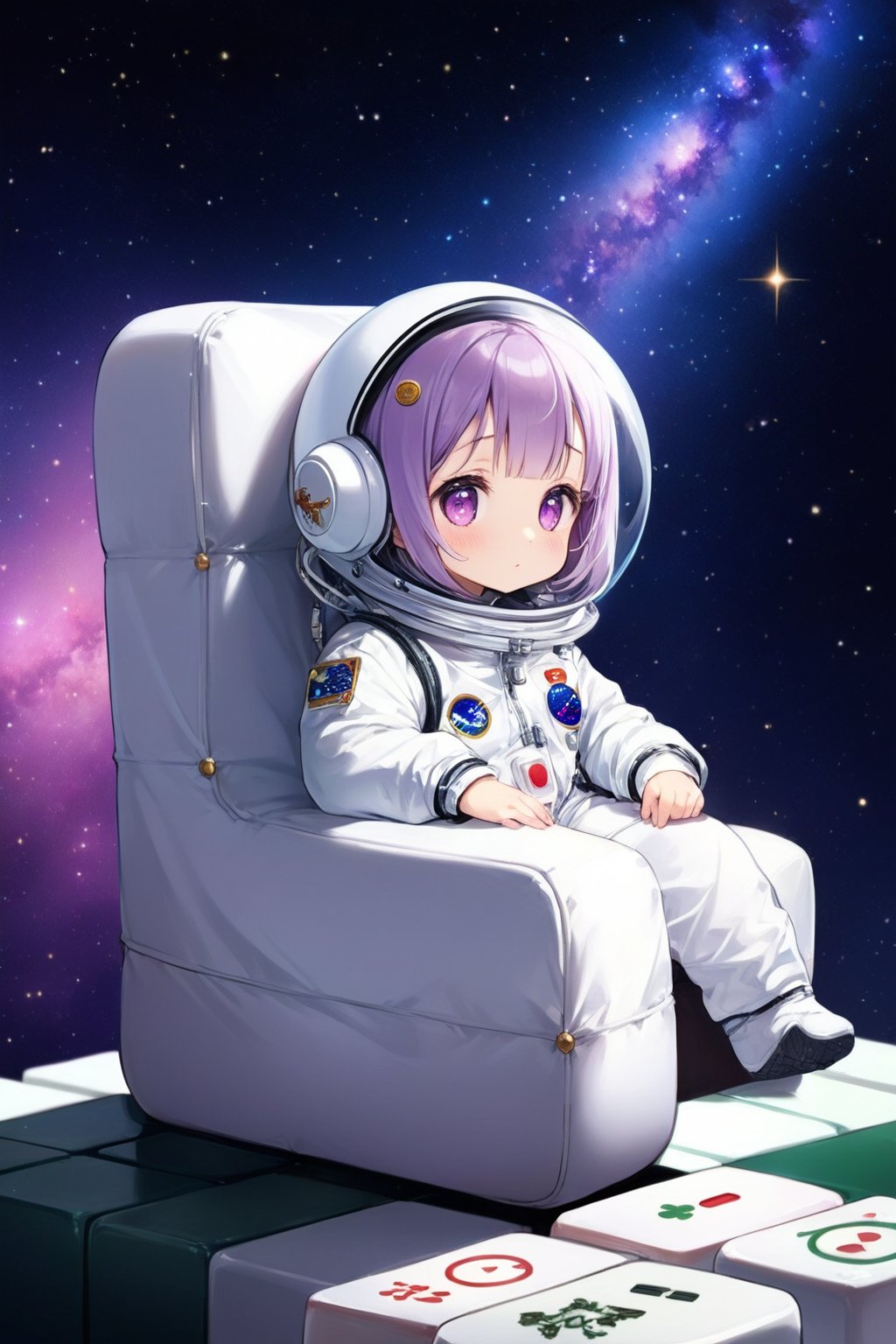 (1girl,little girl,girl focus),full body,kawaii,astronauts,((1mahjong,huge mahjong)),sitting,((a giant mahjong-shaped chair)),starry sky background,masterpiece,4K,best quality,fantasy,concept,(detailed eyes),meticulous,detail processing,(PVC Style),space suit,spacesuit helmet,purple hair,purple eyes,half closed eyes,