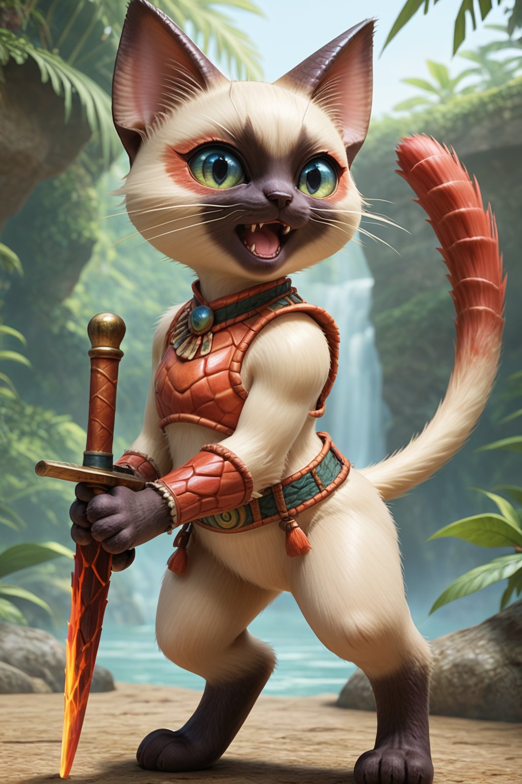 score_9,score_8_up,score_7_up, ,masterpiece,8k Ultra HD,(best quality),no humans,((skinny)),(solo),kawaii,:3,open mouth,(siamese cat),fangs,whiskers,full body,standing,(three head length),felyne \(monster hunter\),airu neko\,dynamic pose,jungle,red dragon scale armor,(silver metal accents),holding a red dragon scale sword,