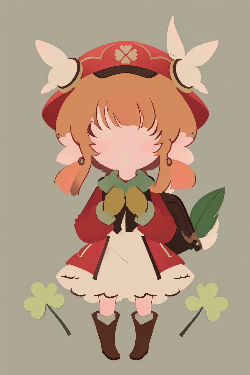 (anime minimalist,klee_genshin,masterpiece),(chibi,cute,kawaii),little girl,brown scarf,clover print,hat feather,long sleeves,(red coat),dress,bloomers,brown gloves,brown boots,randoseru,pocket,bag charm,no facial features,clover background,cute composition,