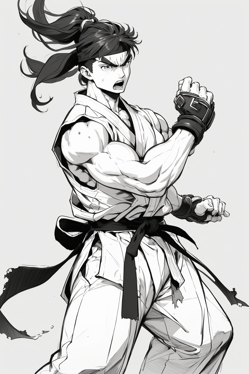 masterpiece,4K,best quality,ryu \(street fighter\),(cowboy shot),short black hair,(detailed face,detailed eyes),black headband,white dougi,sleeveless,(torn clothes),white dojo pants,black martial arts belt,black fingerless gloves,barefoot,muscular,(35 years old),standing,fighting stance,dynamic angle,dynamic pose,(pencil sketch,monochrome),greyscale,simple background,intense face,angry,open mouth,sketchbook,pencil,