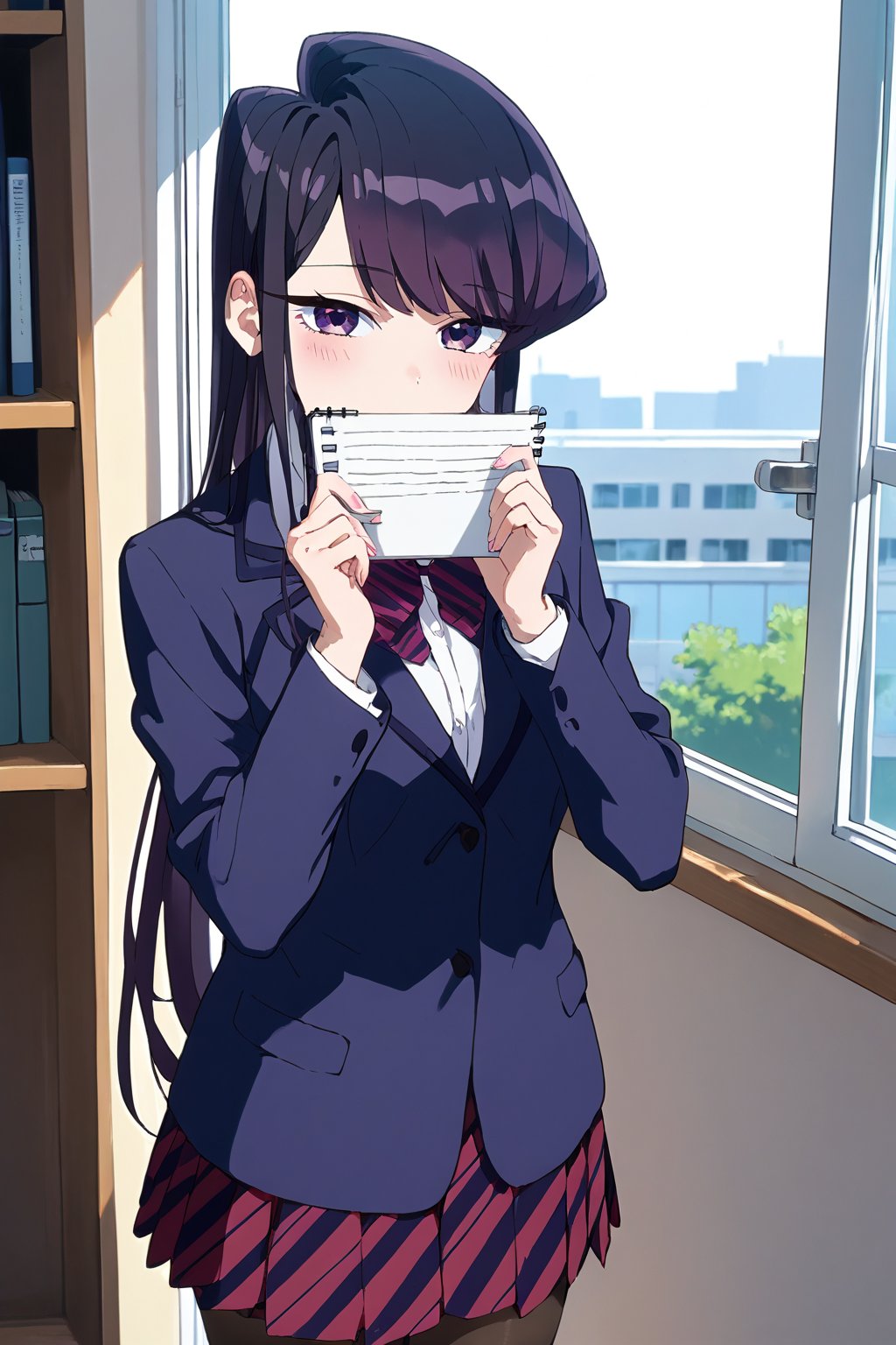 score_9, score_8_up, score_7_up, source_anime,(detailed eyes),Shouko Komi,1girl,(holding notebook),(notebook with text as "thank you"),(open notebook),(show notebook),(hands up),english text,long hair,bangs,black hair,purple eyes,blazer,blush,red and black striped pleated skirt,thighband pantyhose,style_brush,(eyes highlights),window,notebook covered mouth,