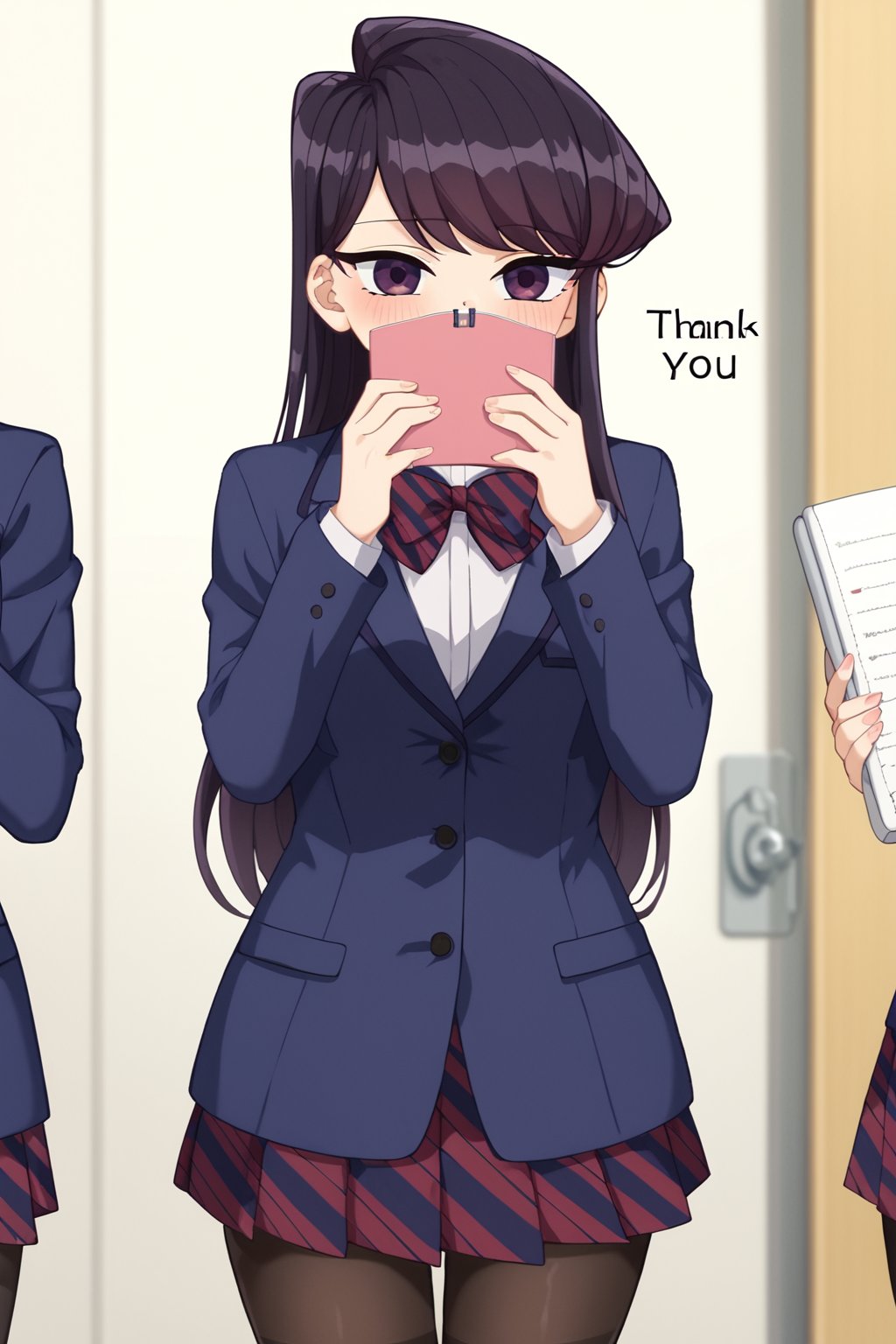 score_9, score_8_up, score_7_up, source_anime,(detailed eyes),komi shouko\,shouko komi\komi can't communicate\,1girl,cowboy shot,notebook with text as "thank you",long hair,bangs,black hair,purple eyes,striped bow tie,dark blue blazer,white shirt,long sleeves,pleated skirt,black pantyhose,blush,notebook covering mouth,red and black striped bow tie,red and black striped pleated skirt,thighband pantyhose,miniskirt,((two hands holding notebook)),(open notebook),english text,two hands up,(show notebook),(notebook with text as "thank you"),style_brush,