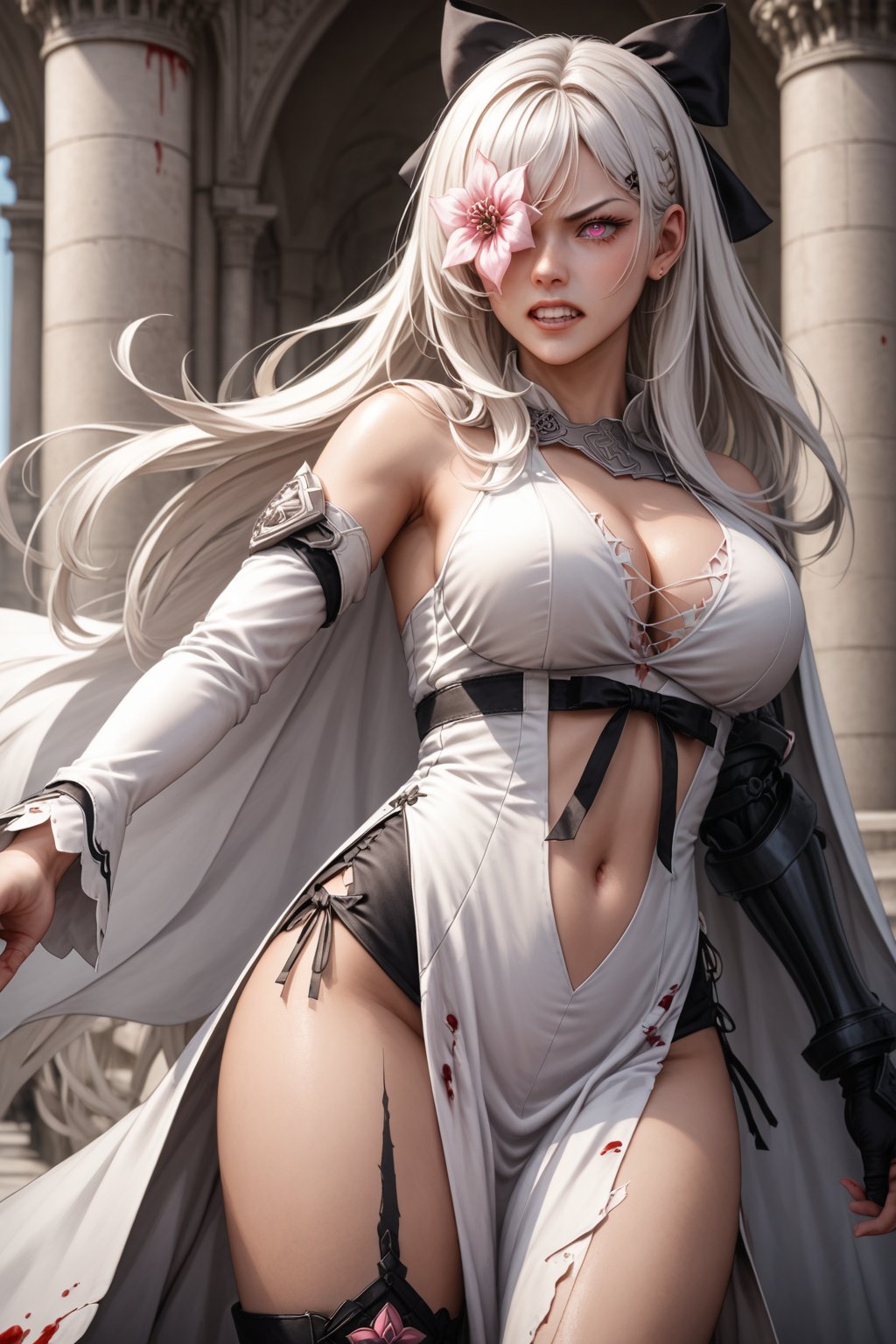 ((4K,masterpiece,best quality)),1girl,(((thigh-level perspective))),zero \(drakengard 3\),large breasts,((white hair)),(black hair bow),long hair,bangs,(extremely detailed face),((extremely detailed eyes)),pink eyes,piercing eyes,white dress,(flower over eye),cleavage,white cape,detached sleeves,single mechanical arm,(stomach cutout),black underwear,pelvic curtain,black ribbon,architecture,((blood)),chest penetrated,(wound),angry,clenched teeth,dynamic pose,clothes are damaged in many places,(damaged),