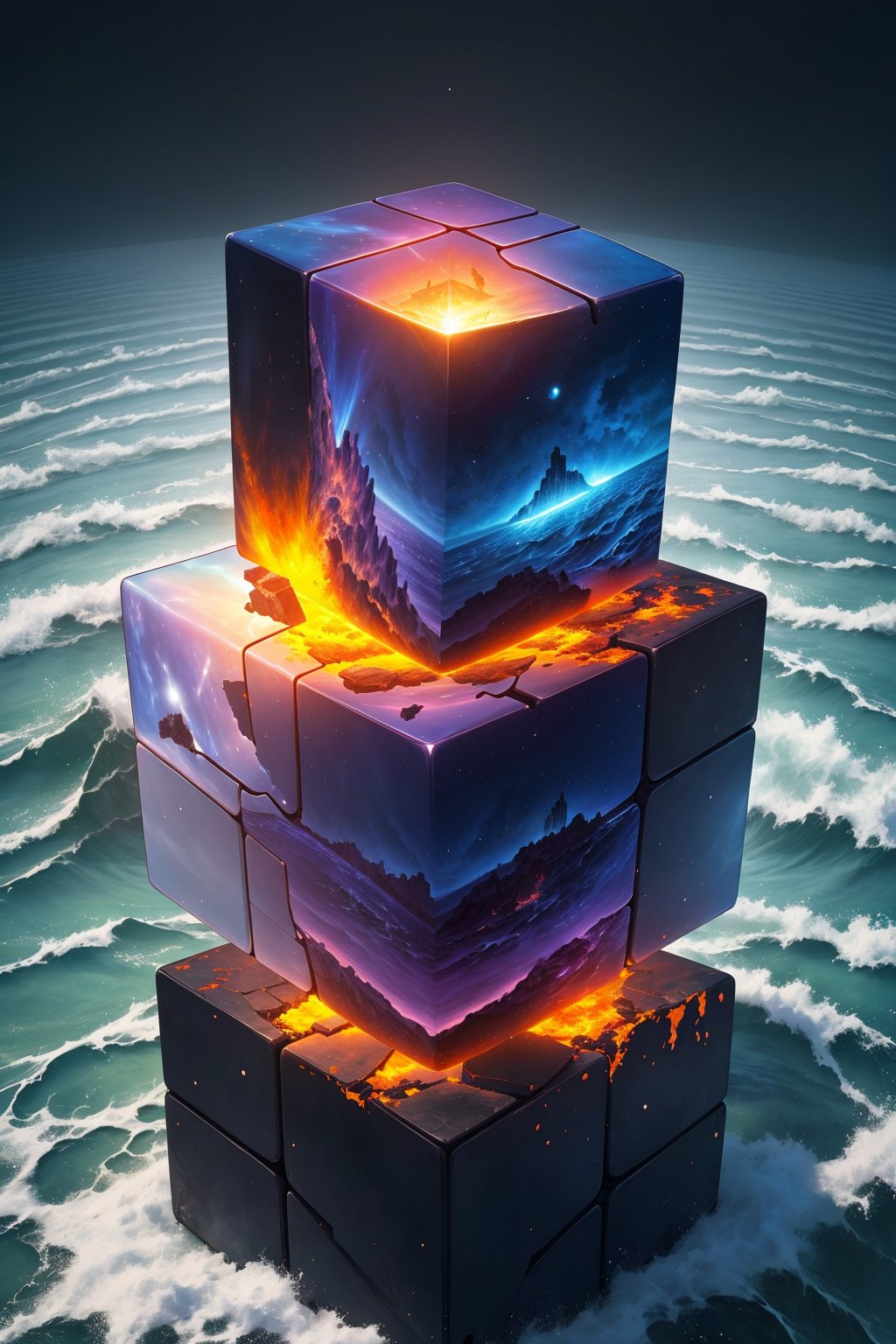 masterpiece,4K,best quality,visual appeal,fantasy,from above,(cube),(three visible sides of the cube display distinct perspectives),(ancient ruins background),universe,huge waves,magma,levitate,