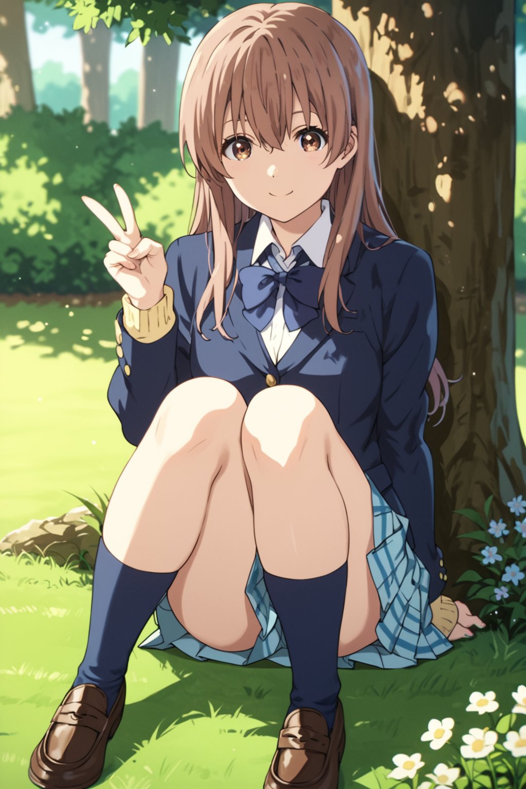 score_9, score_8_up, score_7_up, source_anime,(detailed eyes),nishimiya shouko\,shouko nishimiya\a silent voice\,1girl,cowboy shot,long hair,bangs,hair between eyes,(wariza),brown hair,sitting,brown eyes,blue bowtie,school uniform,(dark blue blazer),yellow cardigan,white shirt,long sleeves,pleated skirt,blue and white plaid pleated skirt,dark blue socks,brown loafers,smile,tree,flower,grass,V-sign,peace sign,
