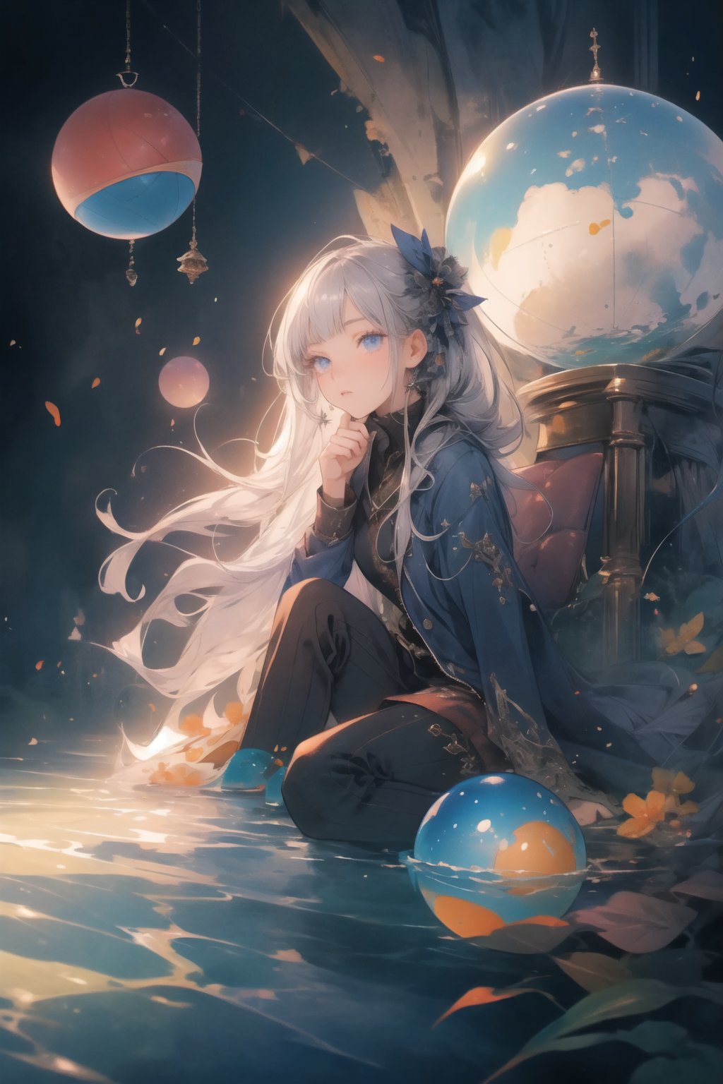 calm water scene,(masterpiece,4K,best quality,detailed eyes,detailed face),concept art,1girl,wariza,(a floating sphere),half the size of the picture,full sphere,(with a girl sitting on it),