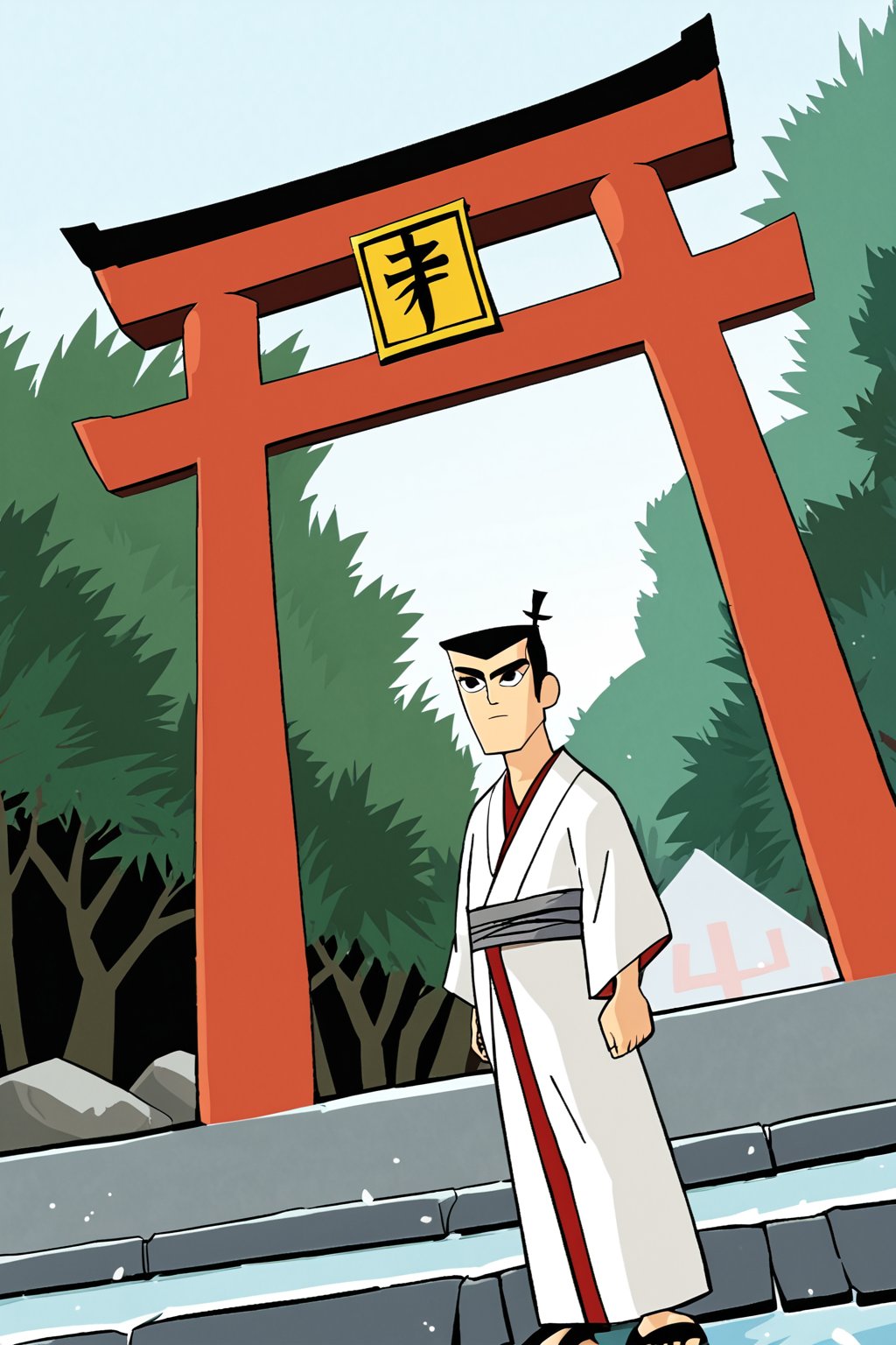 best quality,masterpiece,samurai jack\,black hair,short hair,samurai topknot,single topknot,black eyes,japanese clothing,white kimono with grey accents,geta,dutch angle,cowboy shot,Japanese shrine,Torii,(far away shot),