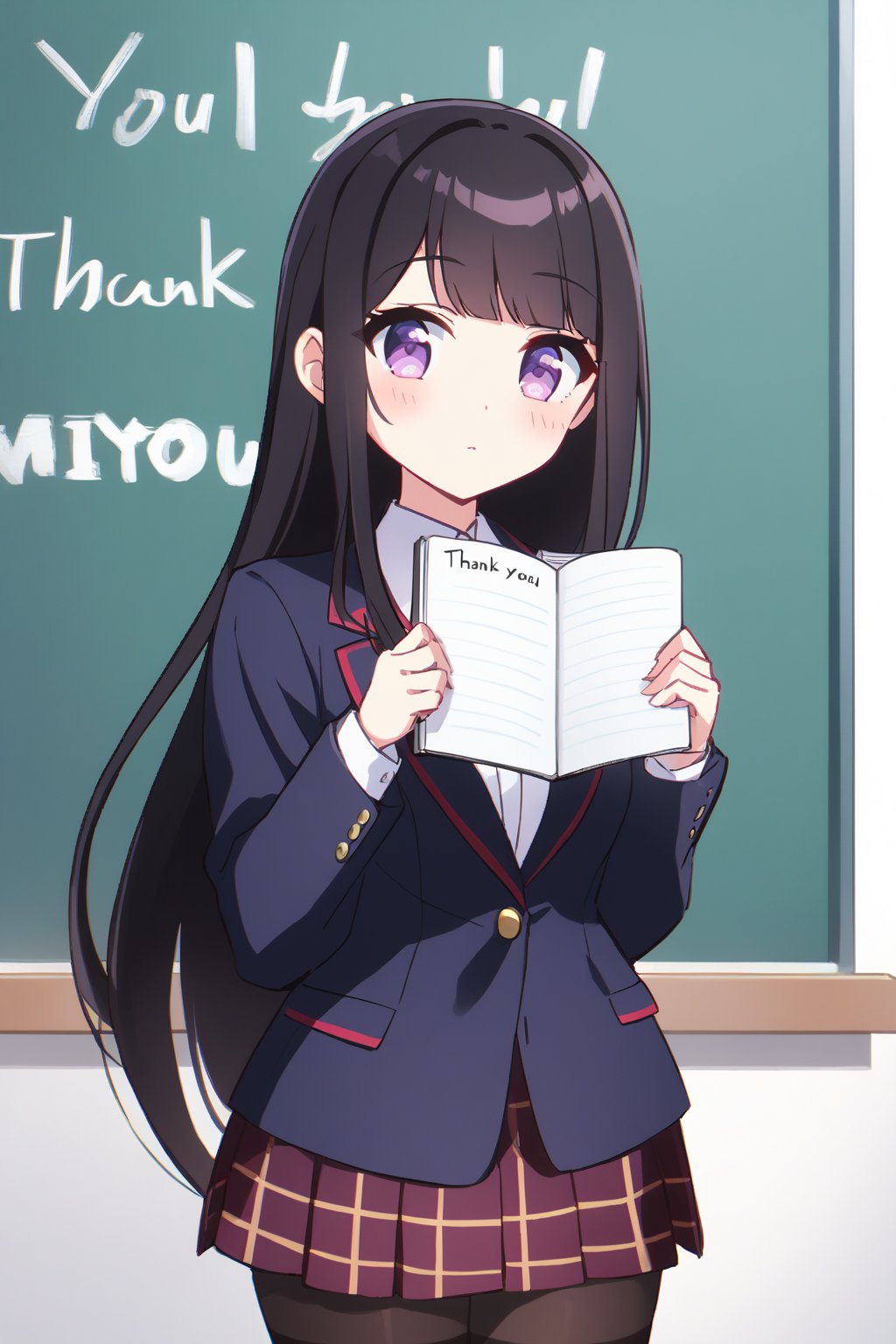 score_9, score_8_up, score_7_up, source_anime,(detailed eyes),Shouko Komi,1girl,(holding notebook),(notebook with text as "thank you"),(open notebook),(show notebook),(hands up),english text,long hair,bangs,black hair,purple eyes,blazer,blush,red and black striped bow tie,red and black striped pleated skirt,thighband pantyhose,style_brush,(notebook focus),(eyes highlights),blackboard,