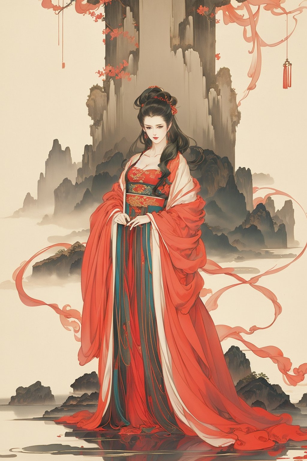 ((4k,masterpiece,best quality)),white,traditional chinese ink painting,1girl,((full body)),very long hair,hanfu,maxiskit,cleavage,((chiffon)),detailed eyes,original,enchanting radiance,visual appeal,dynamic pose,((scenery,dreamlike)),