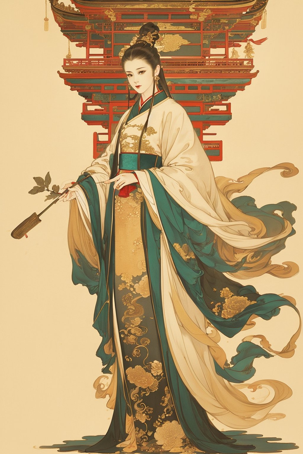 ((4k,masterpiece,best quality)),traditional chinese ink painting,1girl,(full body:1.3),very long hair,ancient lamp,east asian architecture,classical beauty,hanfu,tiny golden accents,elegant posture,detailed eyes,original,antique,vase,