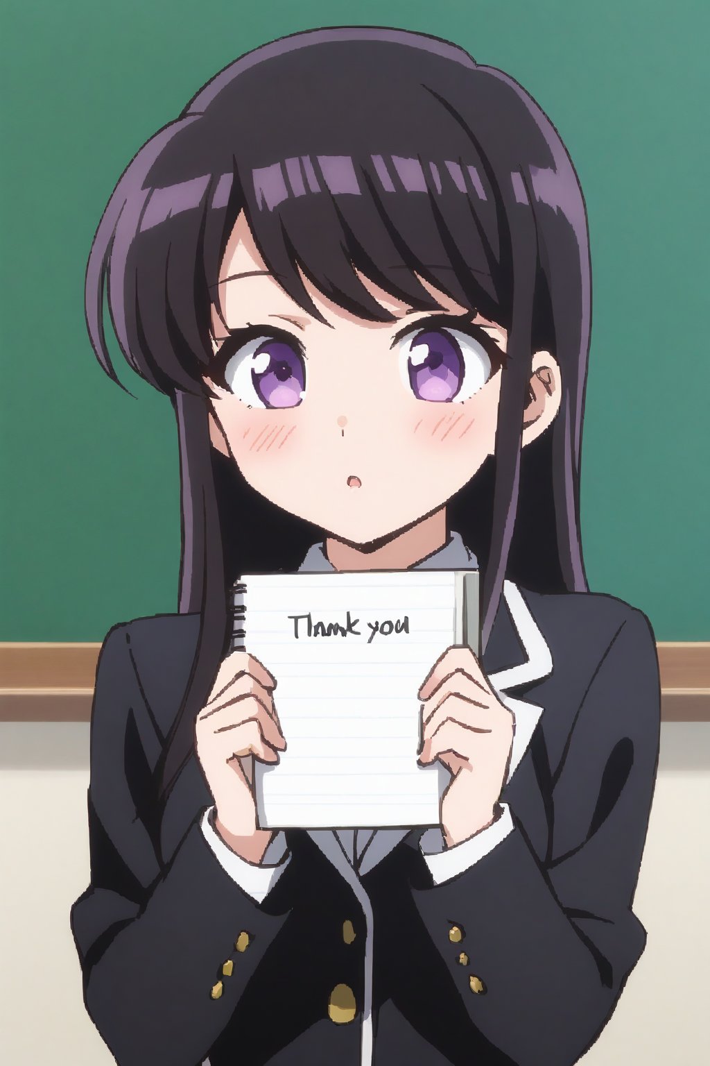 score_9, score_8_up, score_7_up, source_anime,(detailed eyes),Shouko Komi,1girl,(holding notebook),(notebook with text as "thank you"),(open notebook),(show notebook),(hands up),english text,long hair,bangs,black hair,purple eyes,blazer,blush,red and black striped bow tie,red and black striped pleated skirt,thighband pantyhose,style_brush,(notebook focus),(eyes highlights),blackboard,