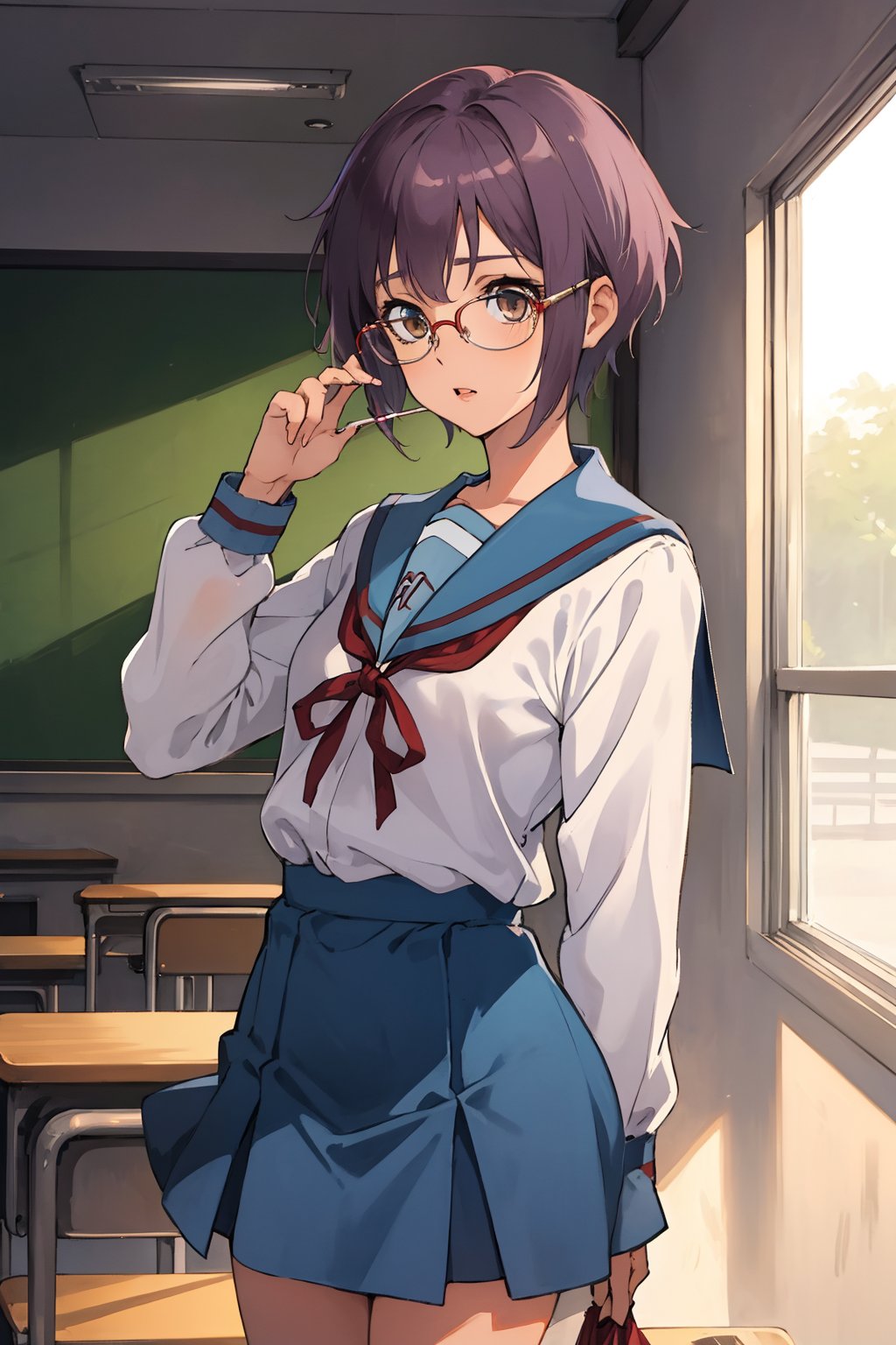 score_9, score_8_up, score_7_up, source_anime,best quality,nagato yuki\,(detailed eyes),(visual appeal),cowboy shot,short hair,bangs,purple hair,brown eyes,blue sailor collar,white serafuku,red ribbon,blue skirt,kita high school uniform,school classroom,standing,arms behind back,(glasses removal,holding glasses),alien,