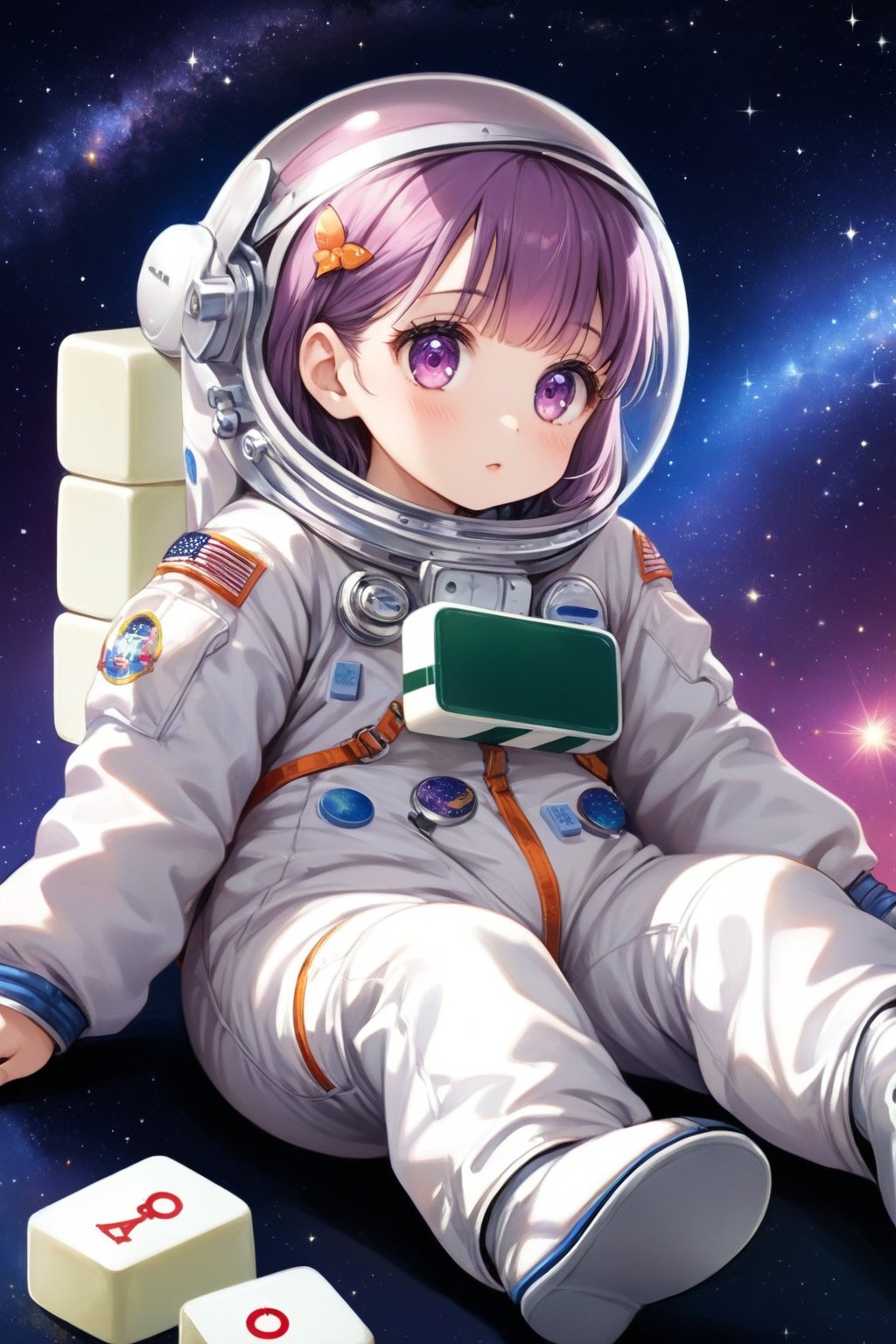 (1girl,little girl,girl focus),full body,kawaii,astronauts,((1mahjong,huge mahjong)),sitting,(((sitting on mahjong))),starry sky background,masterpiece,4K,best quality,fantasy,concept,(detailed eyes),meticulous,detail processing,(PVC Style),space suit,spacesuit helmet,purple hair,purple eyes,