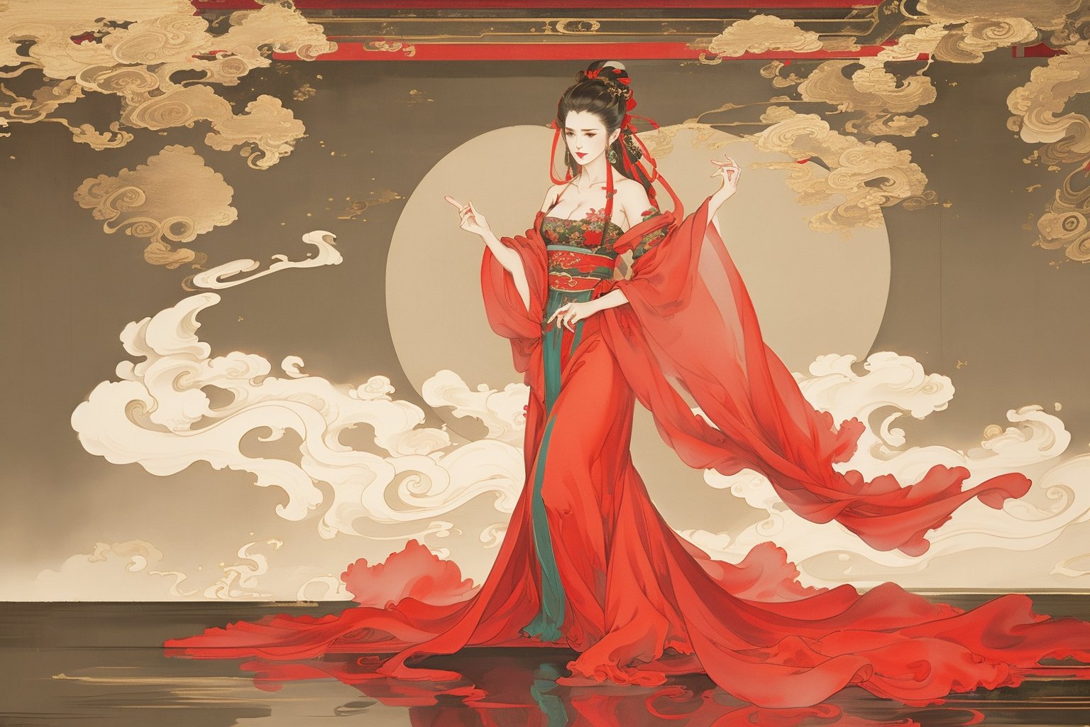 ((4k,masterpiece,best quality)),white,traditional chinese ink painting,1girl,((full body)),very long hair,hanfu,maxiskit,cleavage,((chiffon)),original,visual appeal,dynamic pose,indoors,water sleeves,dance,