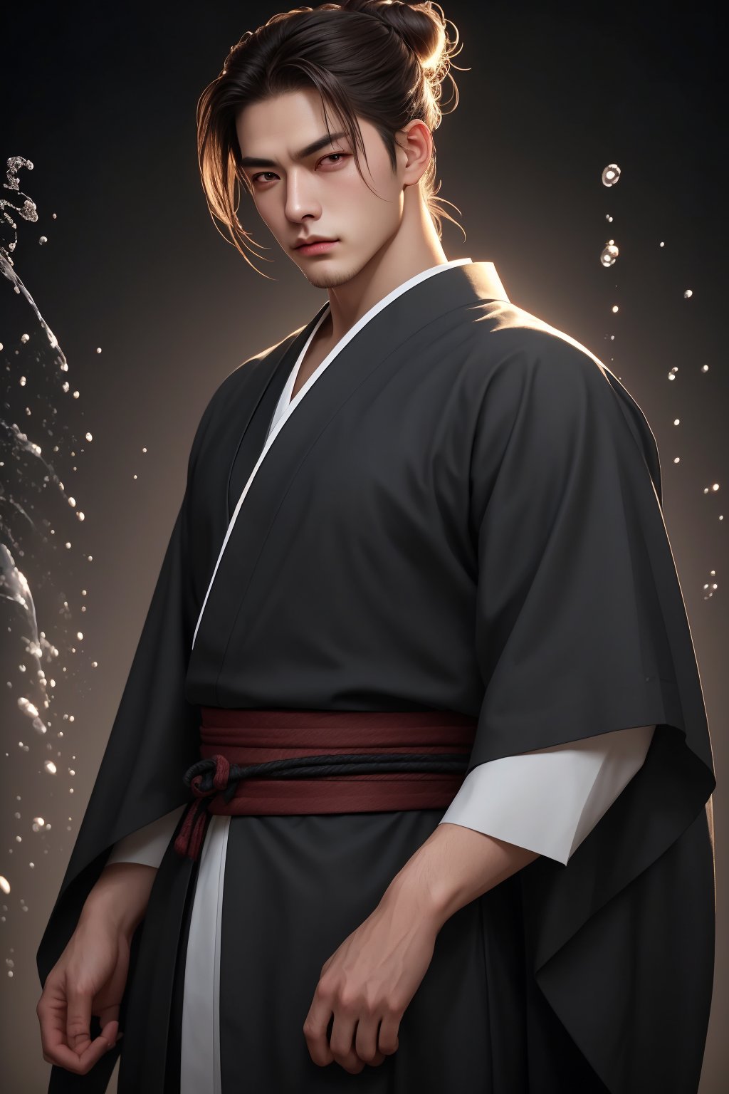 beautiful  fingers,finger length,backlighting,masterpiece,visual appeal,4K,best quality,1boy,brown hair,(long hair),(detailed eyes),handsome,(cowboy shot),experienced,Japanese style,ronin,hair bun,high ponytail,kimono,hakama,thin sash,black ink,(splash style background),masculine,manly,murderous intent,