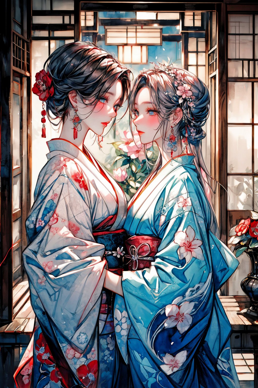 watercolor (medium),A striking artwork featuring two elegant figures adorned in vibrant, traditional Japanese kimonos. One figure has long, dark hair with a red flower accessory, while the other has shorter silver hair. Both are characterized by detailed tattoos and ornate jewelry, including large earrings. Their expressions convey a sense of intimacy and mystery, set against a backdrop of colorful floral patterns and soft, ethereal lighting that enhance the overall aesthetic. (make up,detailed eyes,beautiful female fingers,Japanese style garden,architecture,dreamy atmosphere),