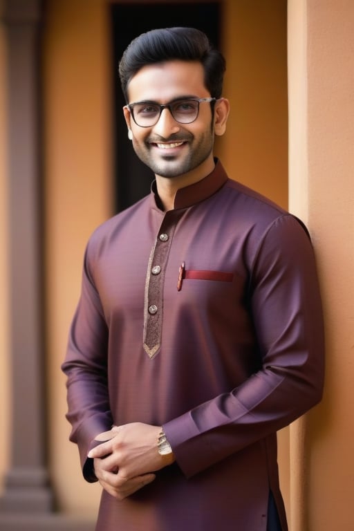 Create an image of a professional Indian man with attractive features. He has deep, rich brown eyes that exude warmth and intelligence, framed by long, dark lashes. His face is well-proportioned with a strong jawline, high cheekbones, and a friendly smile that reaches his eyes. He has a fair complexion and wears stylish spectacles. His demeanor is confident and approachable, dressed in traditional Indian attire such as a well-fitted kurta and churidar, paired with polished shoes. His overall appearance radiates professionalism, competence, and a natural warmth that makes him easily approachable.