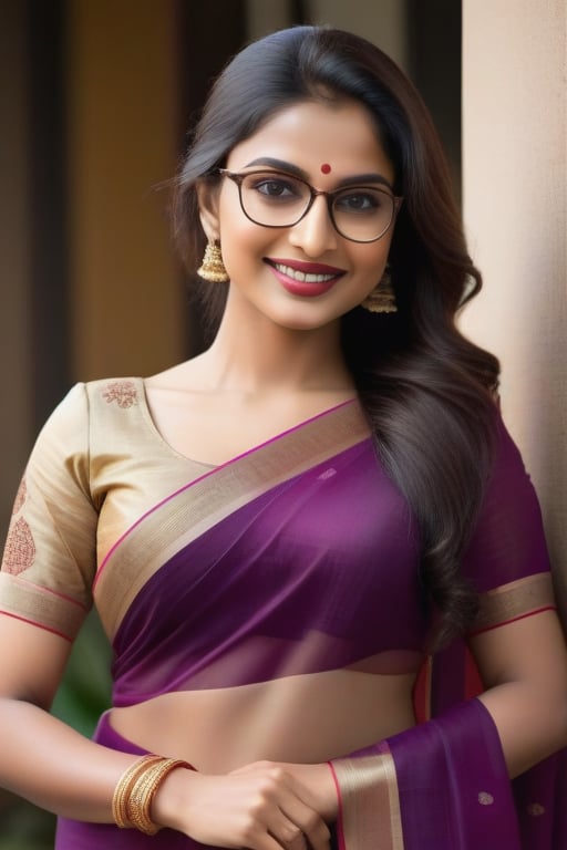 Create an image of a professional Indian woman with attractive features. She has sparkling, expressive eyes that exude warmth and intelligence, framed by long, dark lashes. Her face is elegantly shaped with high cheekbones, a graceful jawline, and a radiant smile that lights up her entire face. She has a fair complexion and wears stylish glasses. Her demeanor is confident and approachable, dressed in a beautifully draped saree with a matching blouse, showcasing her cultural elegance and professional poise. Her overall appearance radiates professionalism, competence, and a natural warmth that makes her easily approachable.