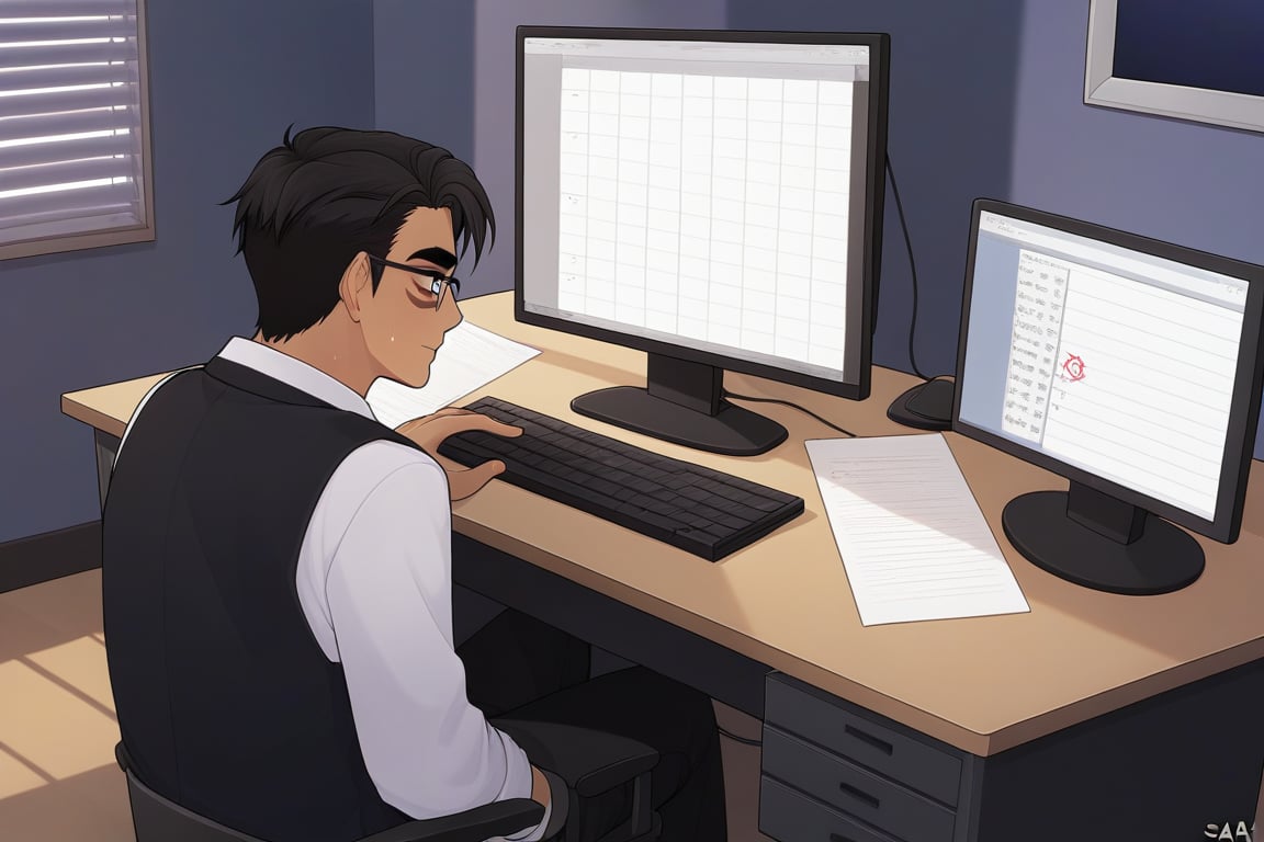 Chandar, a 20-year-old Indian boy, sits intensely focused at his office desk, surrounded by chaos. His furrowed brows and tense jawline convey visible stress as sweat glistens on his forehead. The cluttered workspace features a computer, stacked papers, and a whiteboard littered with hasty notes. Soft, neutral lighting illuminates the shelves filled with binders, while the clock's gentle tick marks mid-afternoon. Chandar, dressed in business attire, appears overwhelmed by his workload yet resolute in his determination to focus.