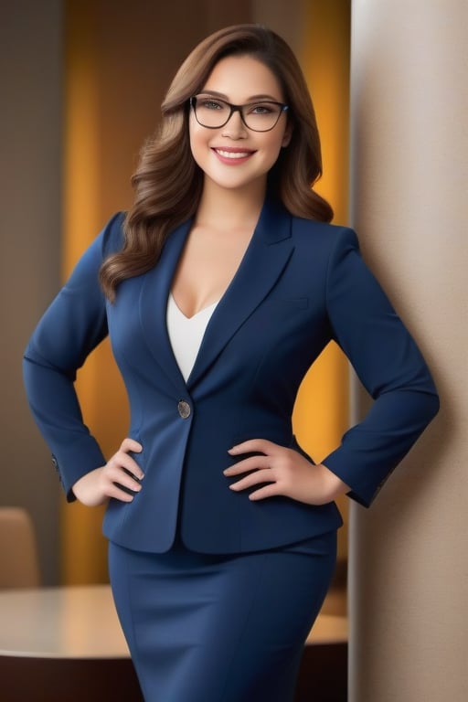 Create an image of a professional woman with attractive features and a curvy body. She has sparkling, expressive eyes that exude warmth and intelligence, framed by long, dark lashes. Her face is elegantly shaped with high cheekbones, a graceful jawline, and a radiant smile that lights up her entire face. She has a fair complexion and wears stylish glasses. Her body is curvy and well-proportioned, complementing her professional attire. She is dressed in a sharp business outfit consisting of a tailored blazer, a blouse, and a fitted skirt or trousers that highlight her curves, paired with polished heels. Her overall appearance radiates professionalism, competence, and a natural warmth that makes her easily approachable.