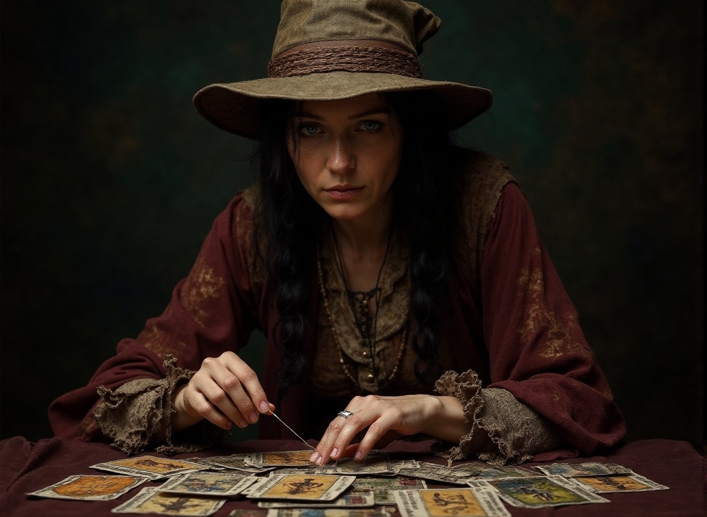 Prompt: Super-realistic full length photographic image. old female gypsy fortune teller with "Tarot cards",  Insanely Deta...