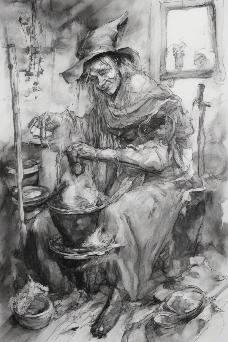 A black and white skech of a caroon style old crone witch, siting and looking over a cauldron.,ink 