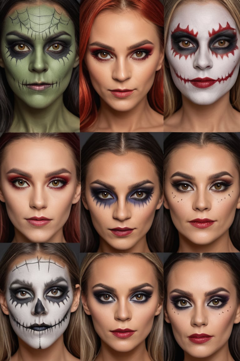 A character sheet showing six faces.
BREAK
Each Face shows a different style of halloween make up for a party.  
BREAK
Extremely detailed, high-quality, hyper-realistic, masterpiece photography. very realistic. In frame, full length image, vibrant colors, sharp focus, depth of field, 32k photo, HDR, professional lighting, taken with Canon EOS R5, 75mm lens, soft focus, Professional Photoshoot Quality.,photorealistic