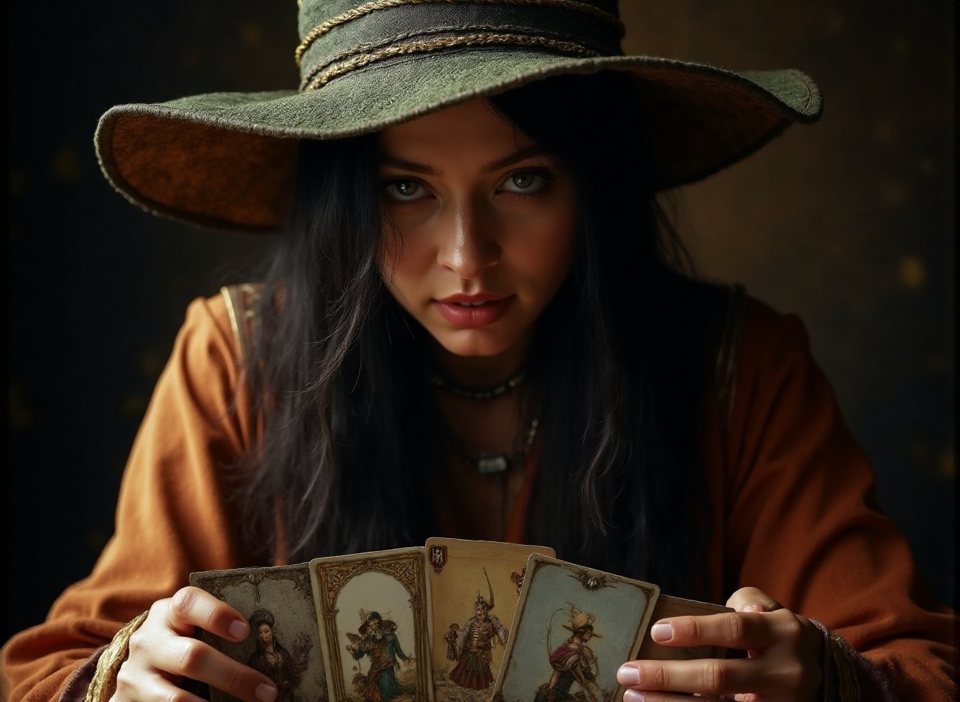 Prompt: Super-realistic full length photographic image. old female gypsy fortune teller with "Tarot cards",  Insanely Deta...