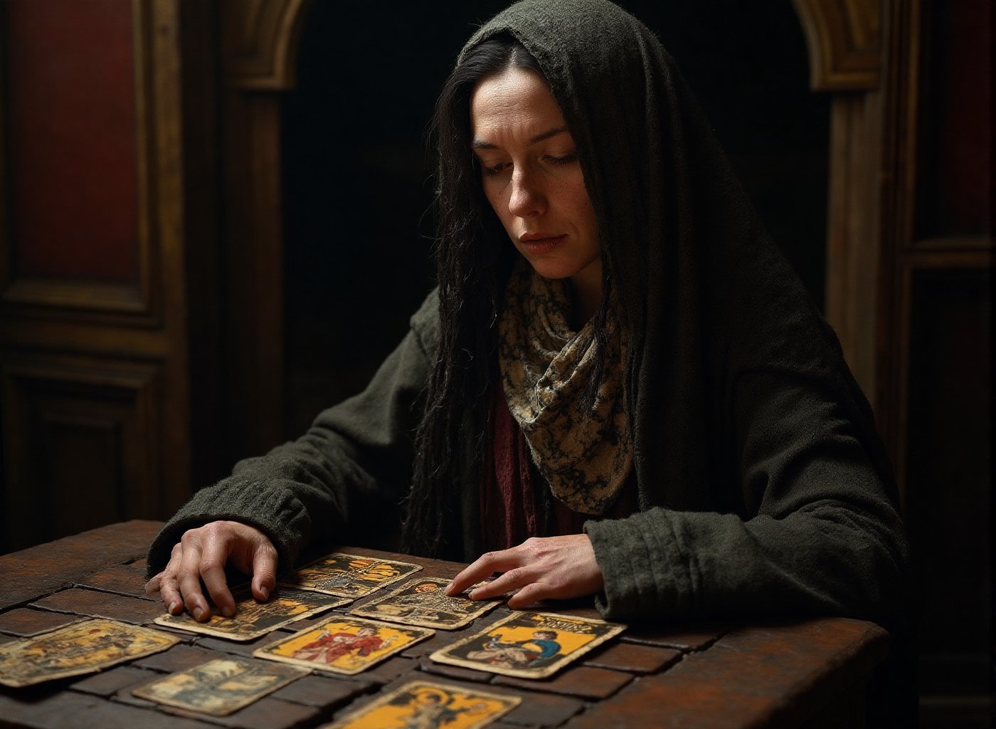 Prompt: Super-realistic full length photographic image. old female gypsy fortune teller with "Tarot cards",  Insanely Deta...