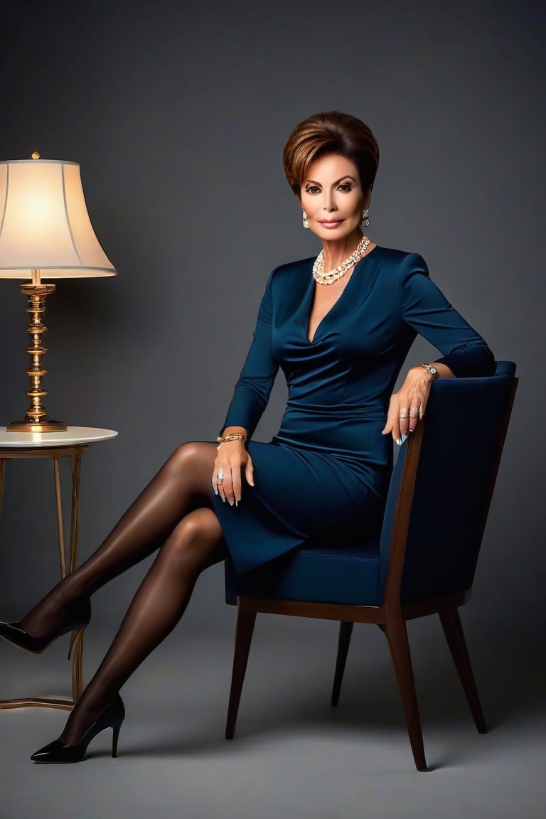 Super-realistic full length photographic image of a very elegant and attractive Italian female Vogue model ,  she is 55 ye...