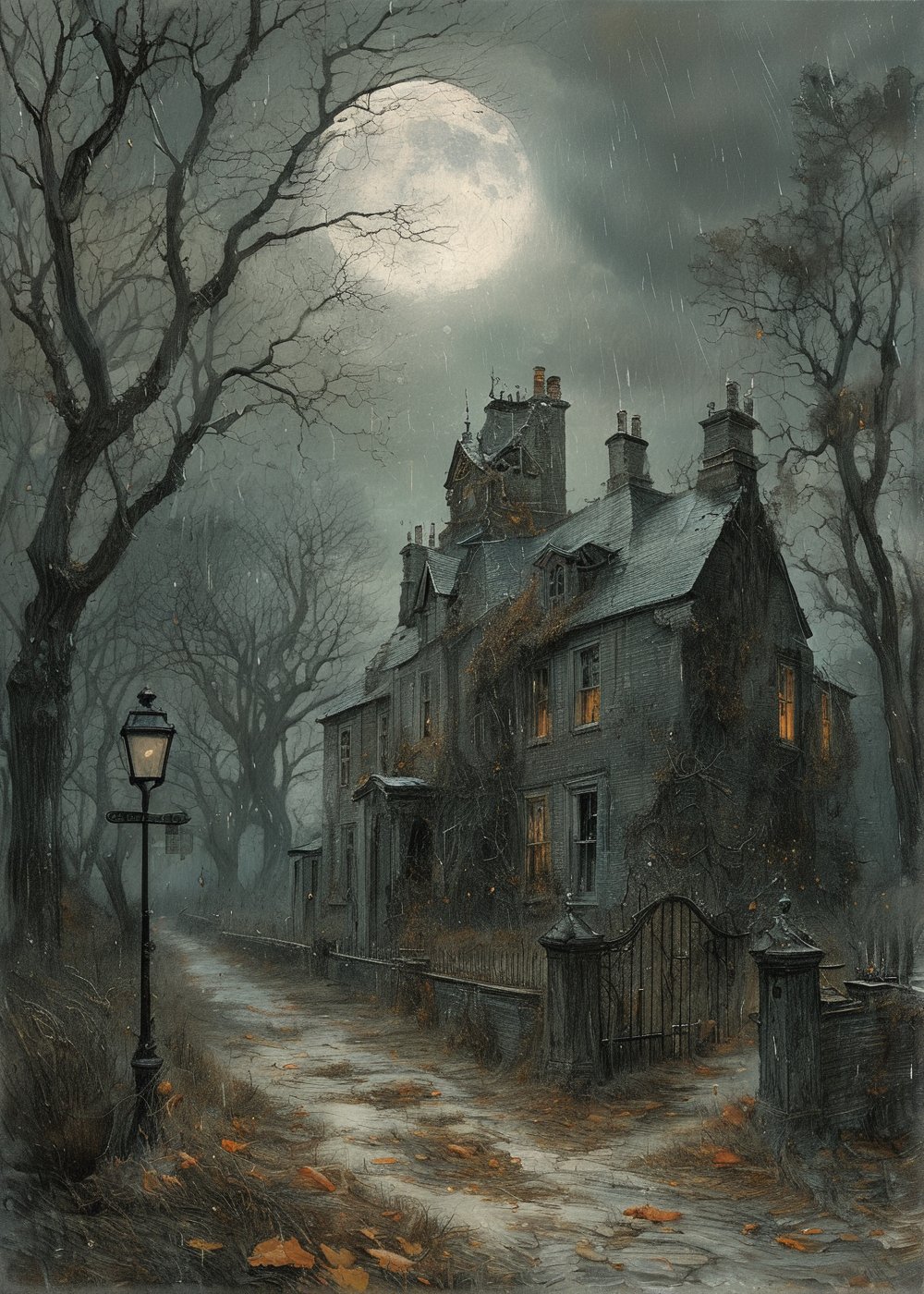 10 Downing Street, Lonfon England. Haunted house horror Gustave Doré Greg Rutkowski sinister by Greg Rutkowski Rainy cemetery jack o lanterns on the ground, full moon, hyper realistic