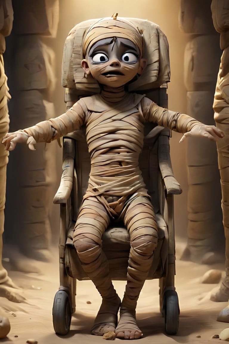 An image of a child in a push chair, the child is mummified, wrapped in bandages as an egyptian mummy would be.  The child is holding his arms out to be picked up.,score_9, score_8_up, score_7_up,score_6_up, score_5_up, score_4_up,Mummy,color art,colorful