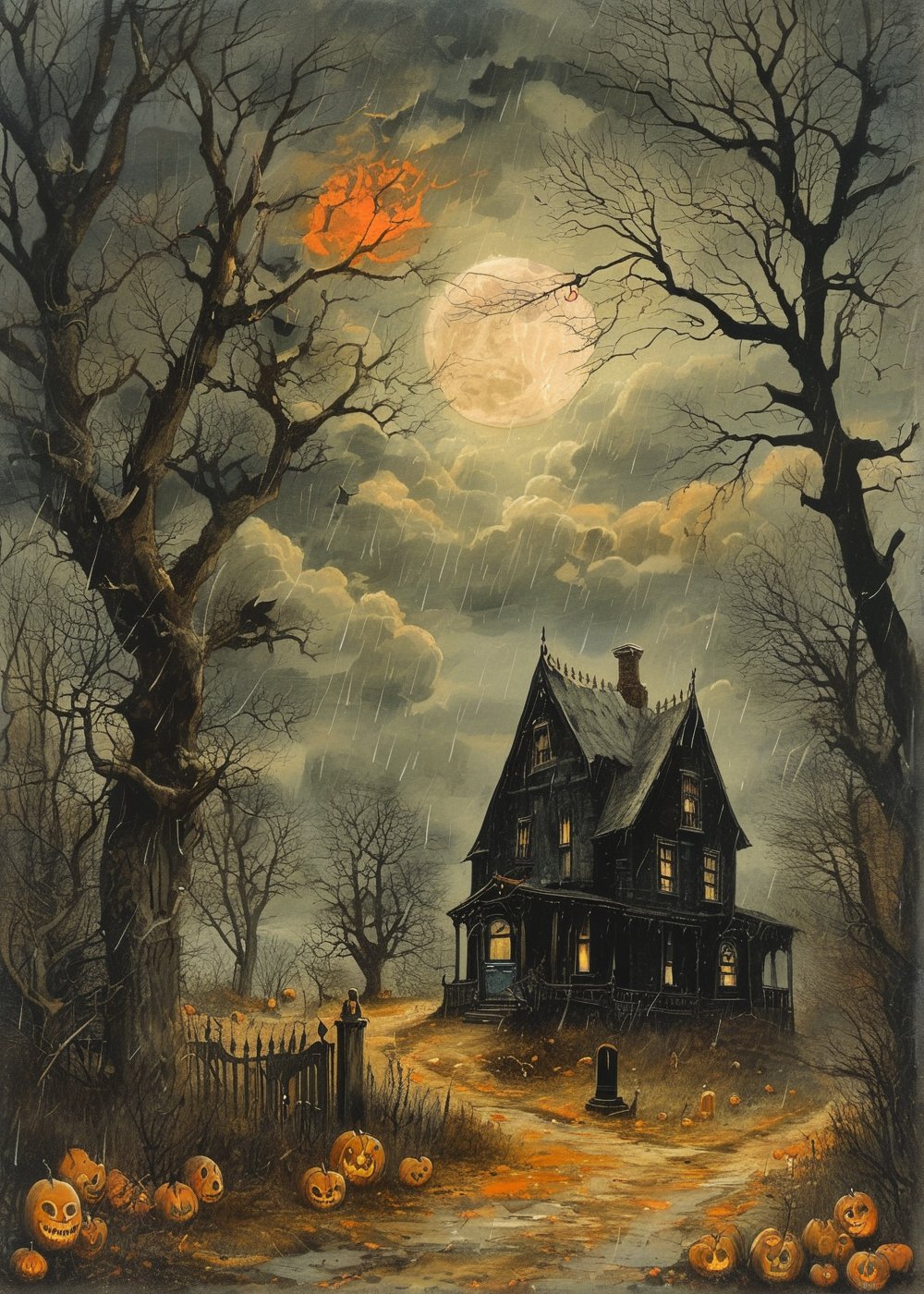 Haunted house horror Gustave Doré Greg Rutkowski sinister by Greg Rutkowski Rainy cemetery jack o lanterns on the ground, full moon, hyper realistic