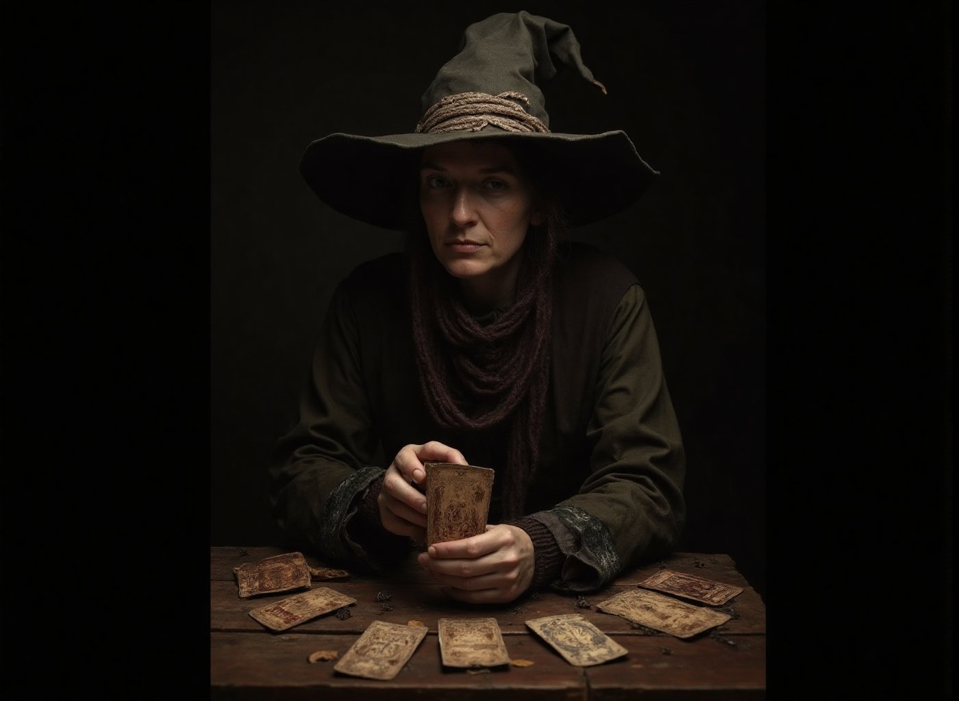 Prompt: Super-realistic full length photographic image. old female gypsy fortune teller with "Tarot cards",  Insanely Deta...