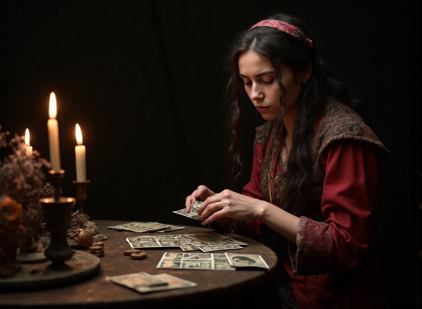 Prompt: Super-realistic full length photographic image. old female gypsy fortune teller with "Tarot cards",  Insanely Deta...