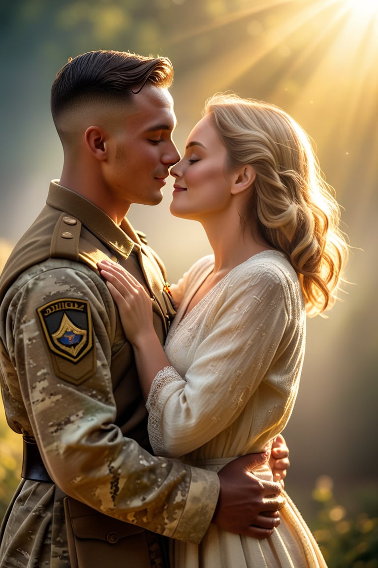 Golden rays of heavenly sunshine illuminate the reunion of a dashing soldier man embracing his beautiful woman in a warm,...