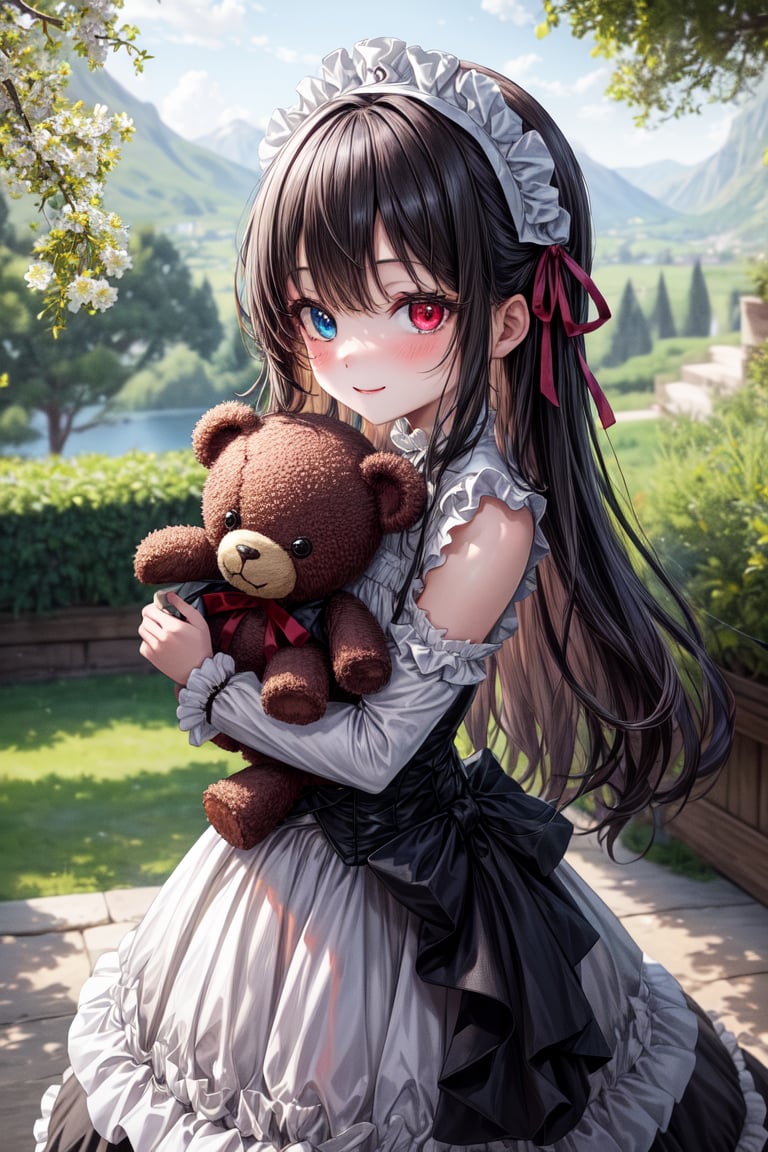 very beautiful loli 7 years old girl,  long wavy black hair,  dark red ribbon in her hair by El Holandes Errante on Tensor...