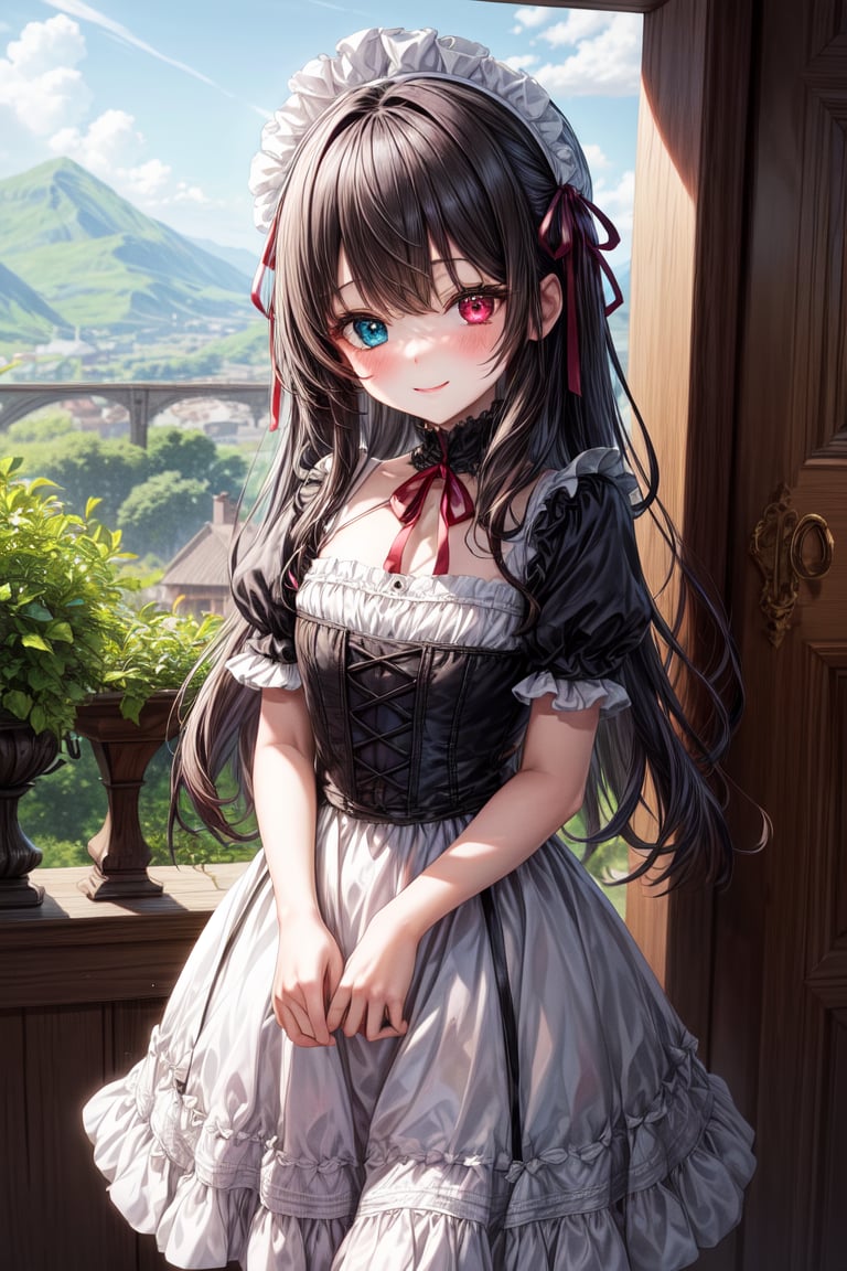 very beautiful loli 7 years old girl,  long wavy black hair,  dark red ribbon in her hair by El Holandes Errante on Tensor...
