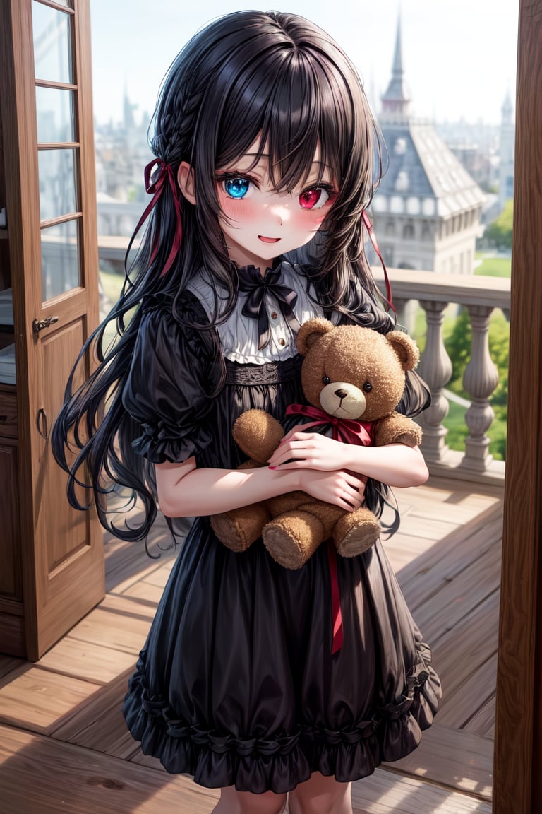 very beautiful loli 7 years old girl,  long wavy black hair,  dark red ribbon in her hair by El Holandes Errante on Tensor...